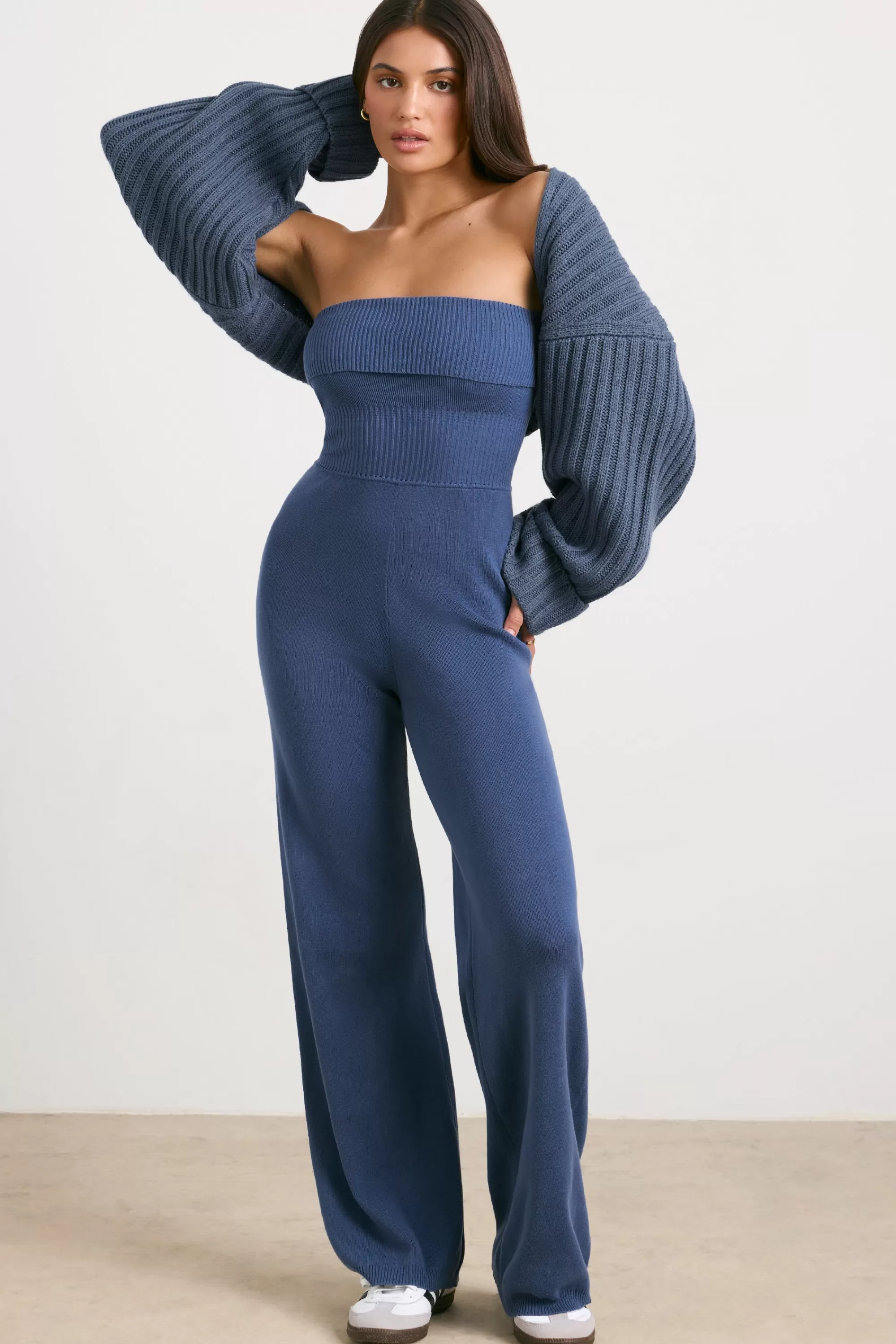 Oh Polly Chunky Knit Shrug In Washed Navy Shop