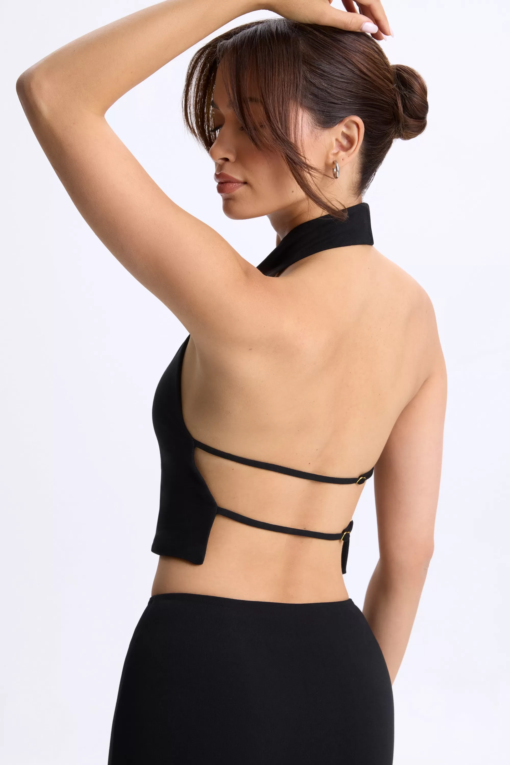 Oh Polly Cowl-Neck Open-Back Top In Black Hot