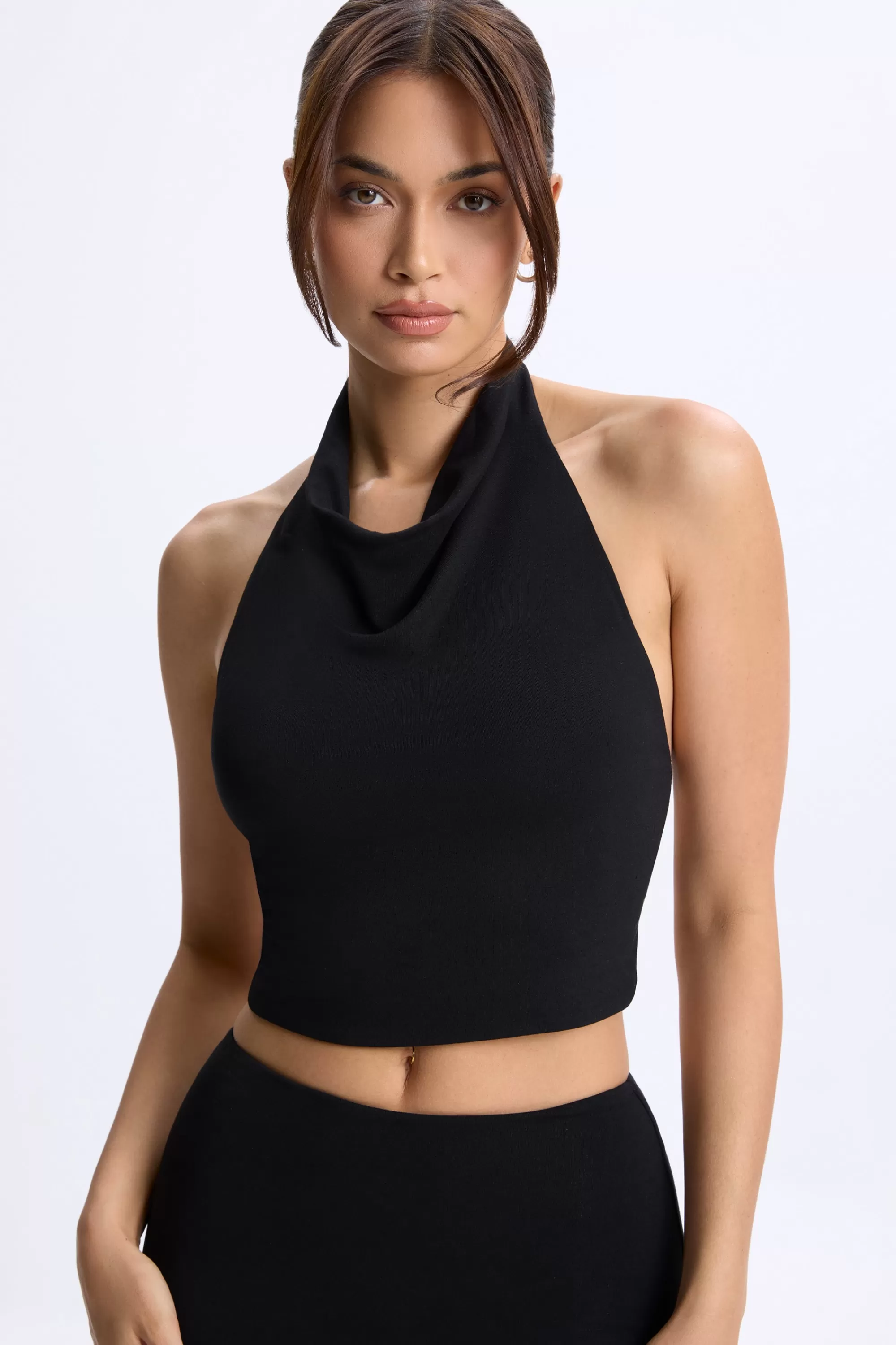 Oh Polly Cowl-Neck Open-Back Top In Black Hot