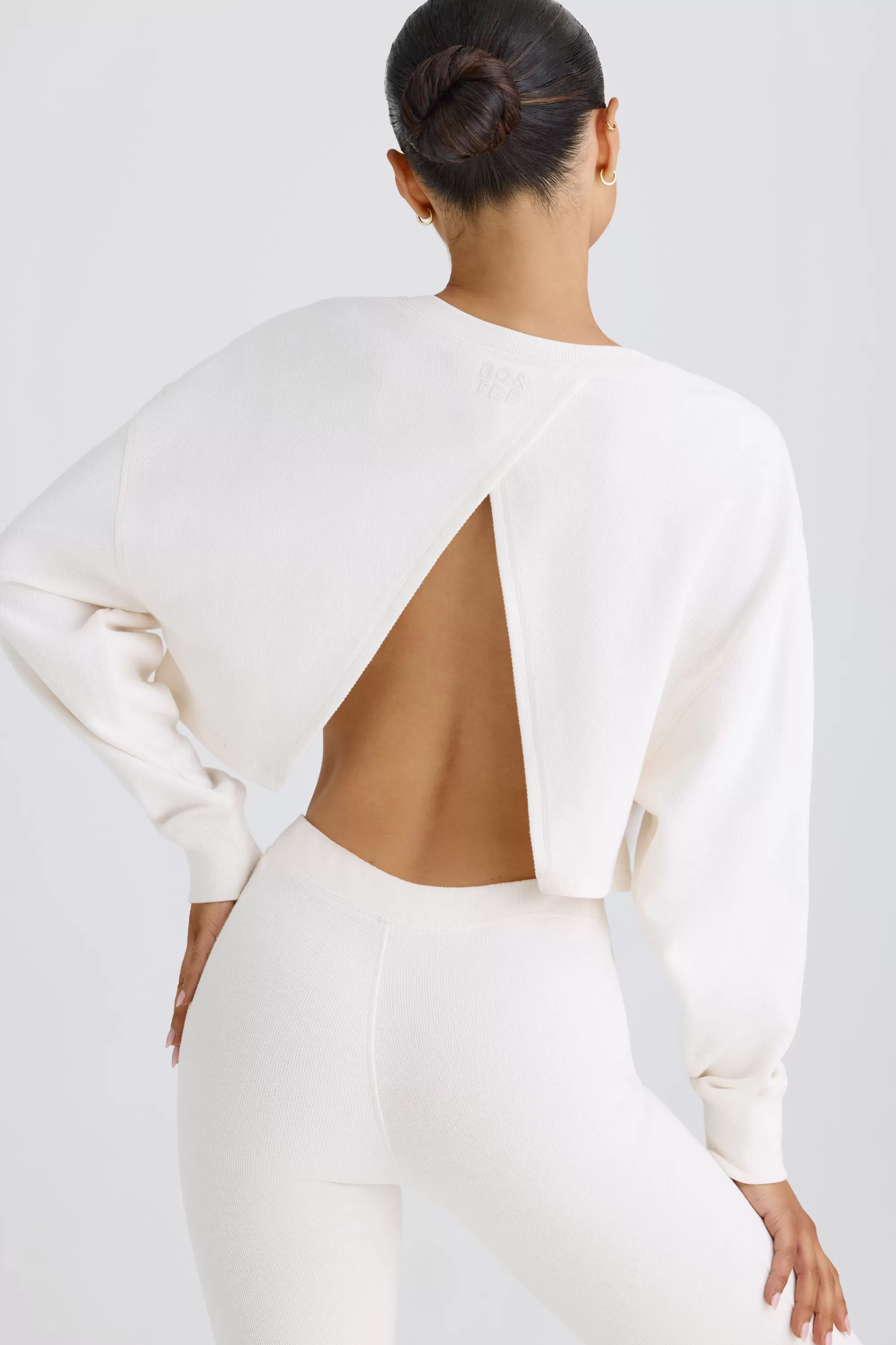 Oh Polly Crew-Neck Open-Back Cropped Sweatshirt In White Sale