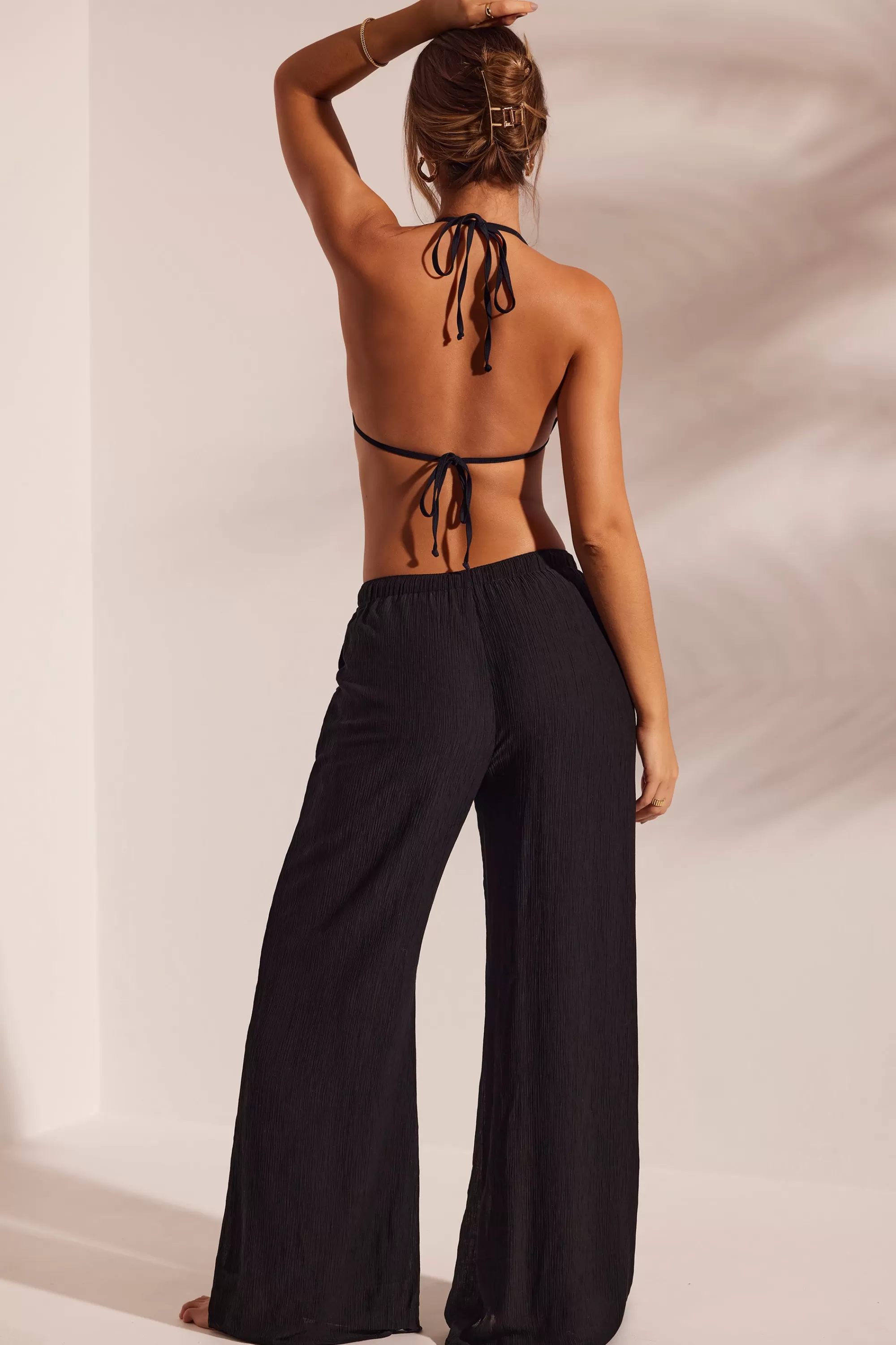 Oh Polly Crinkle Textured Beach Trousers In Black Fashion