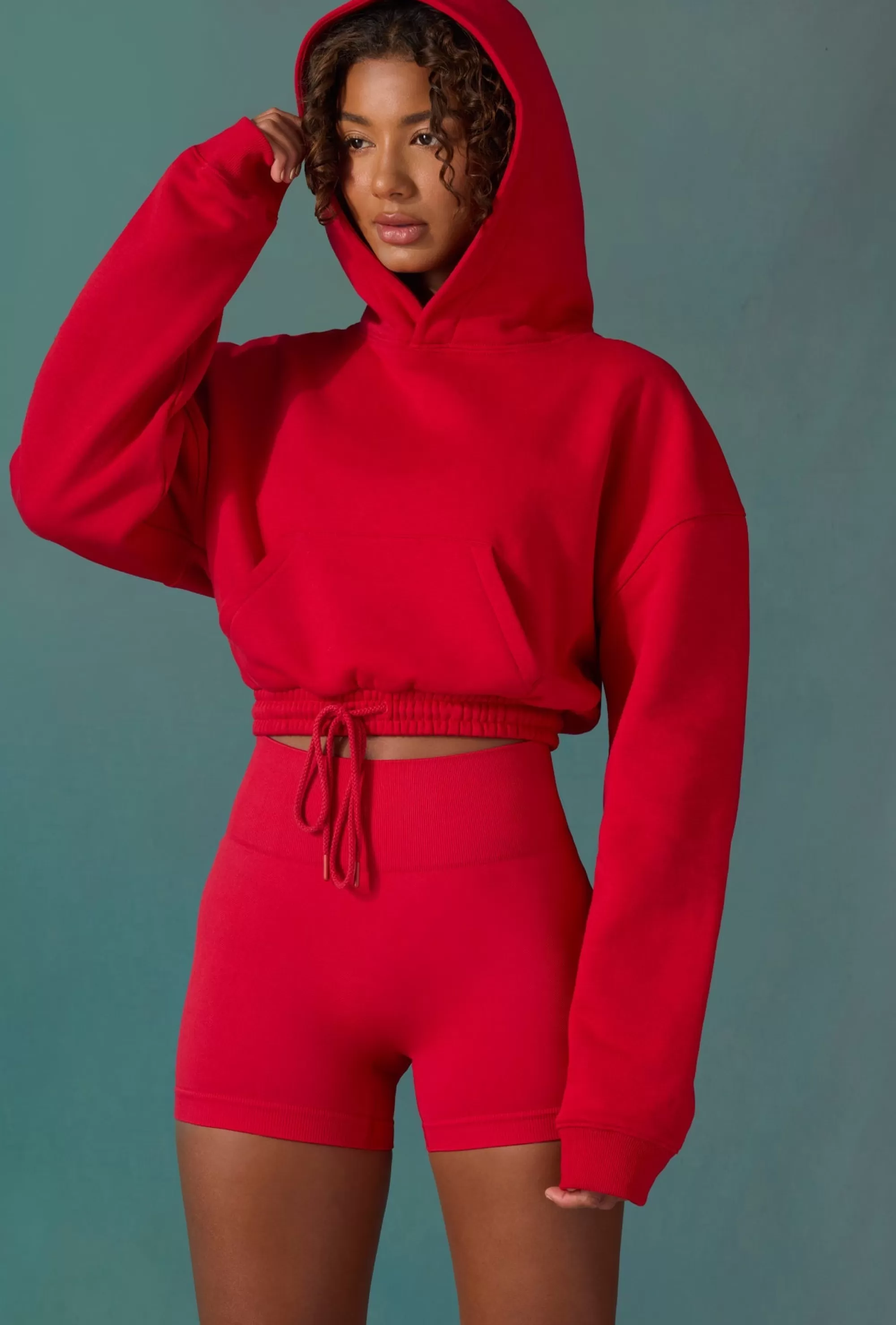 Oh Polly Cropped Drawstring Hooded Sweatshirt In Tango Red Sale