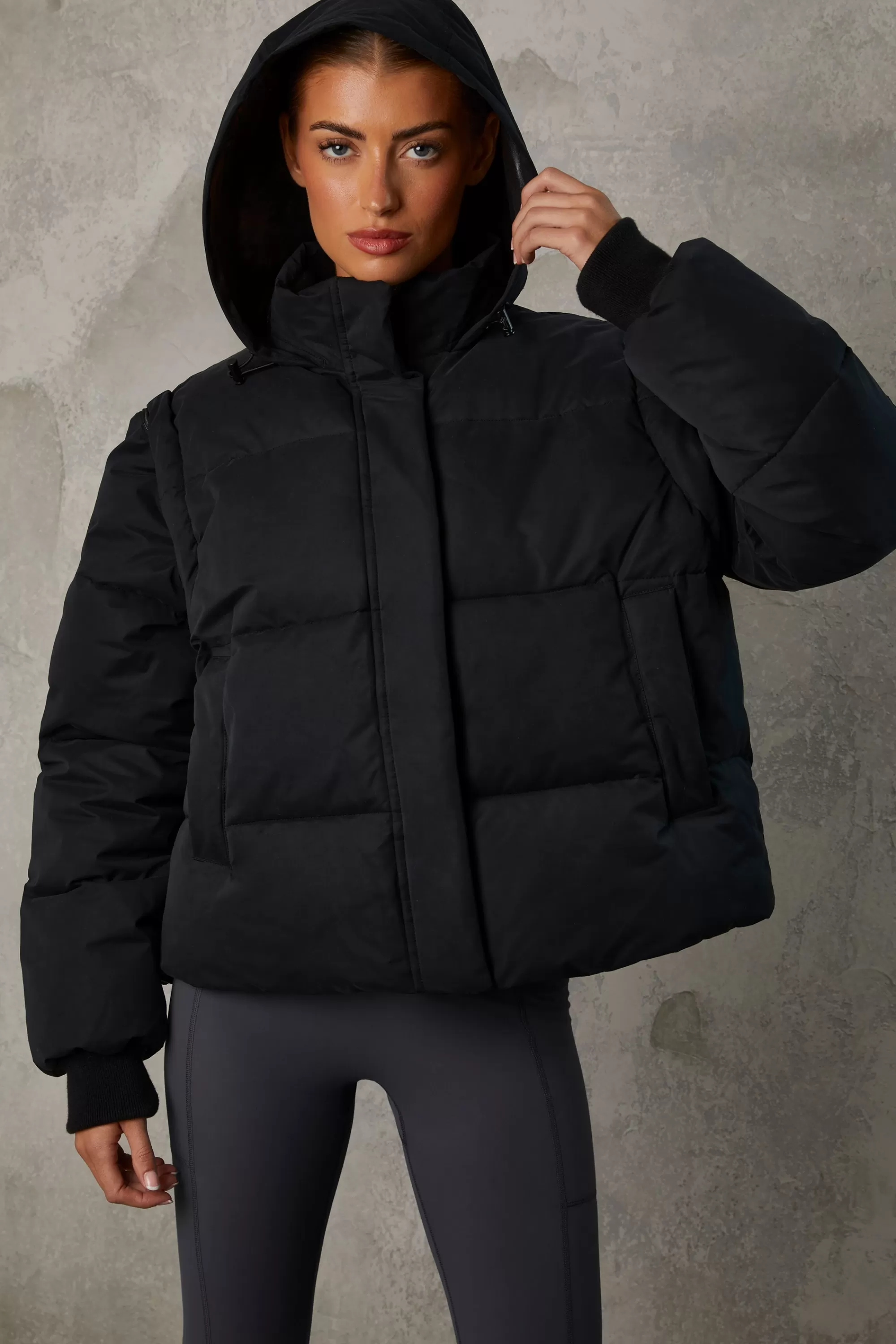 Oh Polly Cropped Puffer Jacket With Detachable Sleeves In Black Best Sale