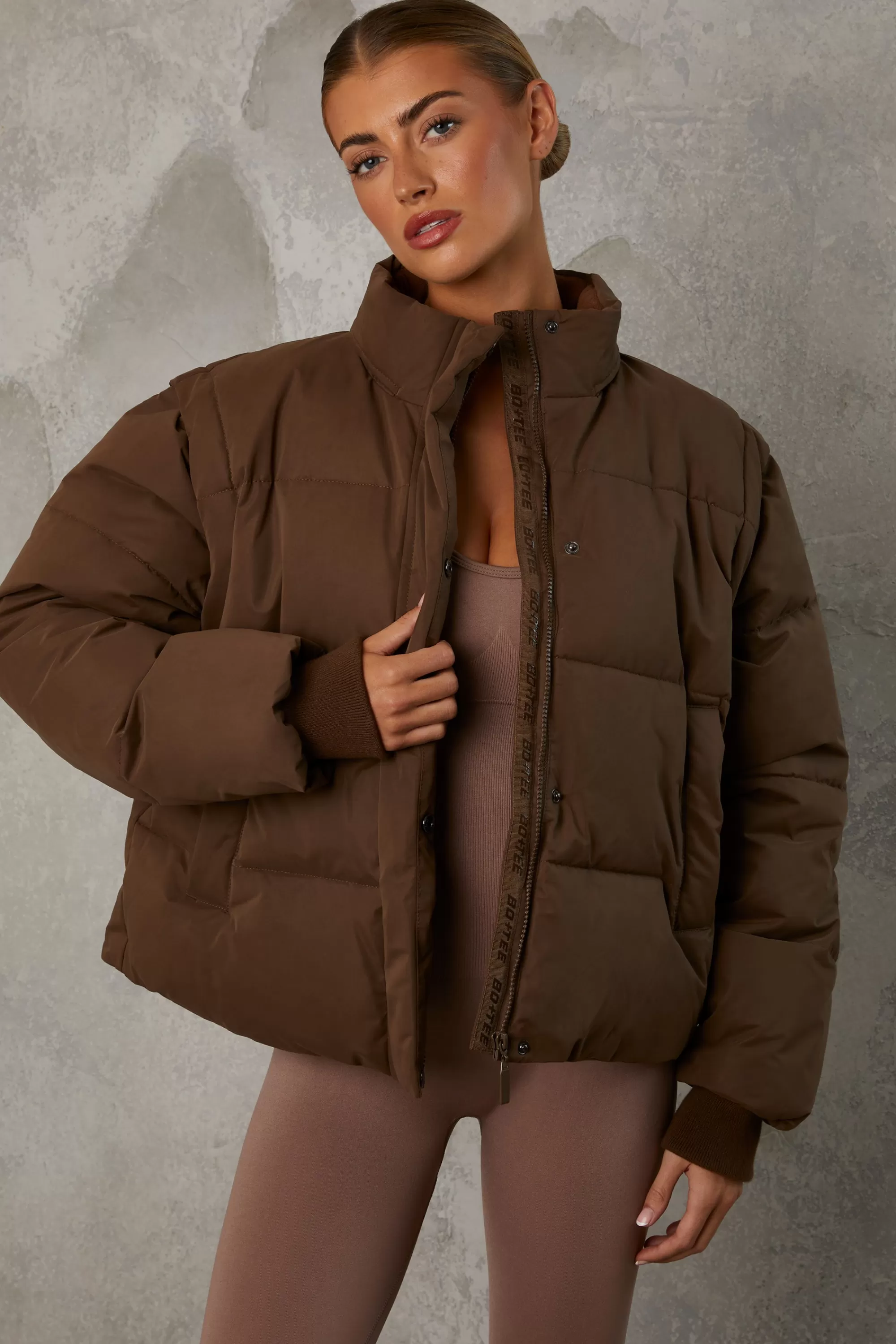 Oh Polly Cropped Puffer Jacket With Detachable Sleeves In Cocoa Brown Store