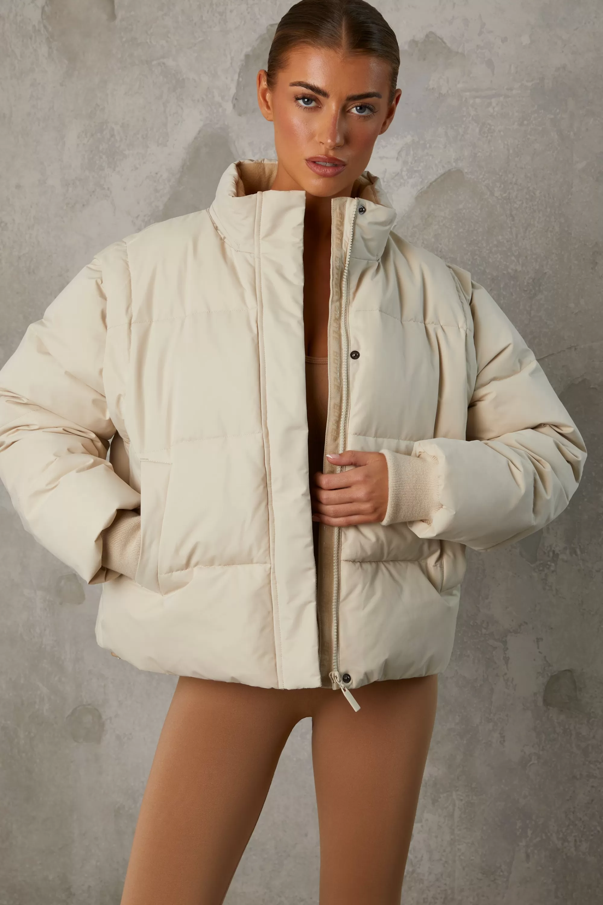 Oh Polly Cropped Puffer Jacket With Detachable Sleeves In Sand Best