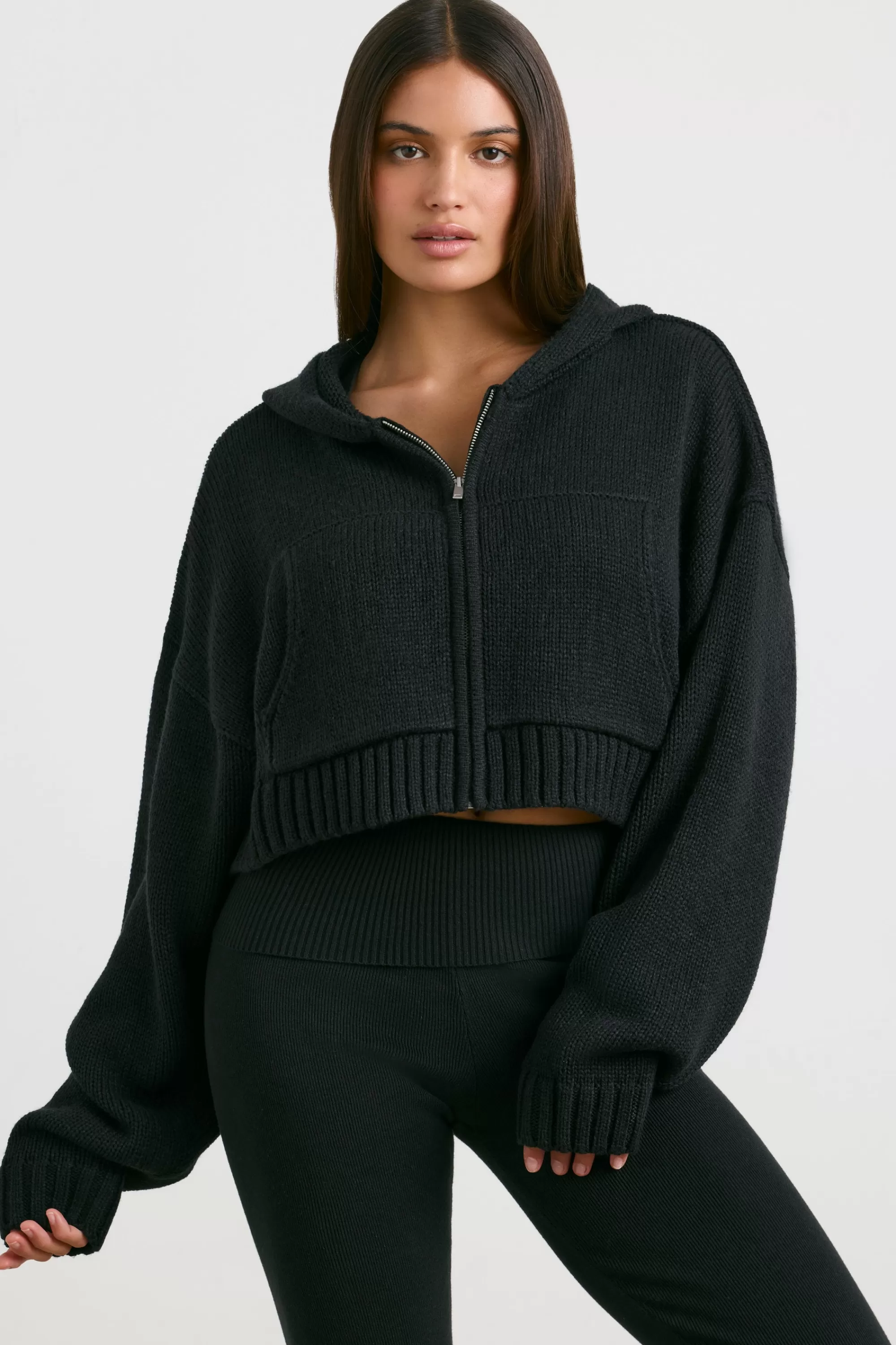 Oh Polly Cropped Zip Up Chunky Knit Hoodie In Black Online