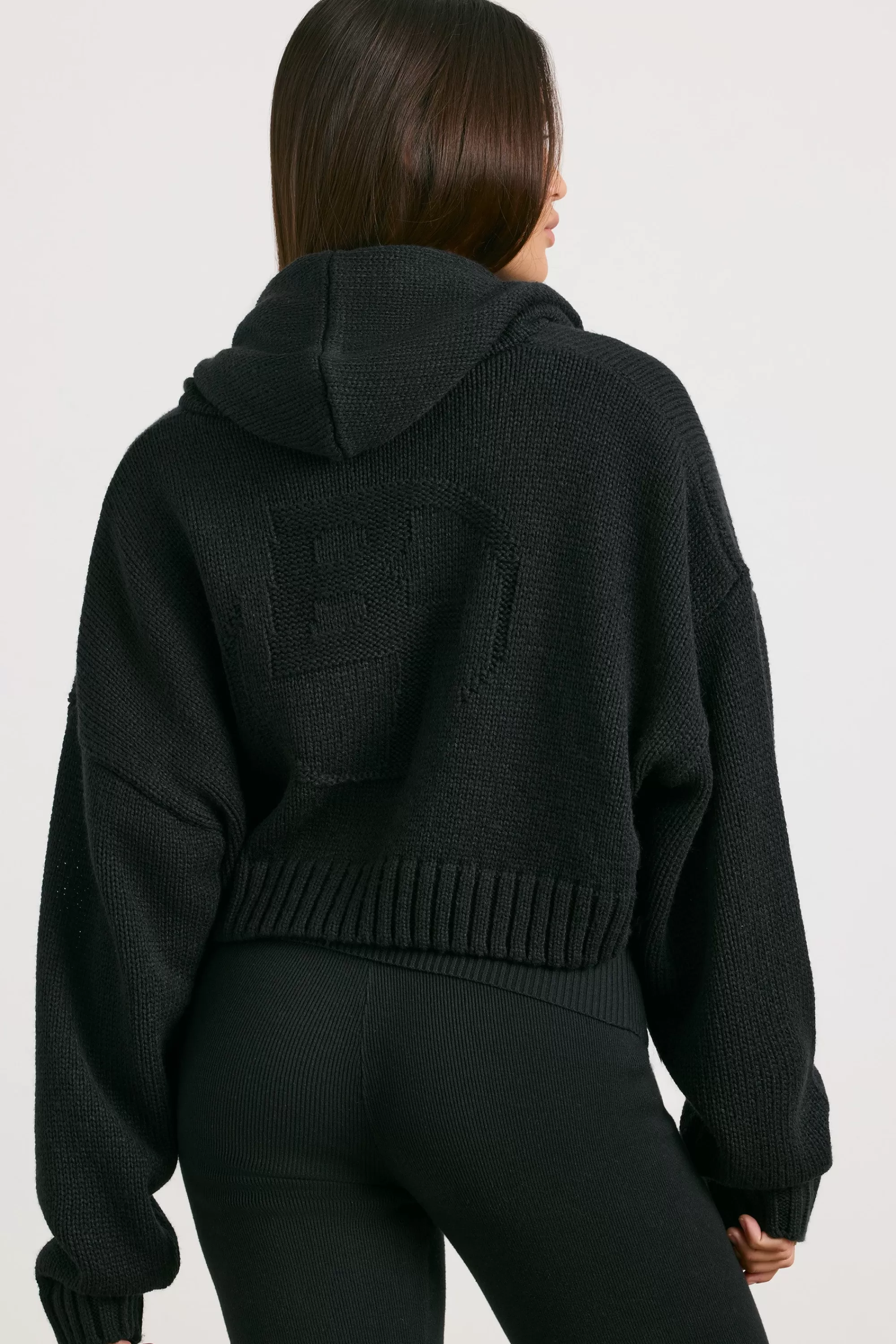 Oh Polly Cropped Zip Up Chunky Knit Hoodie In Black Online