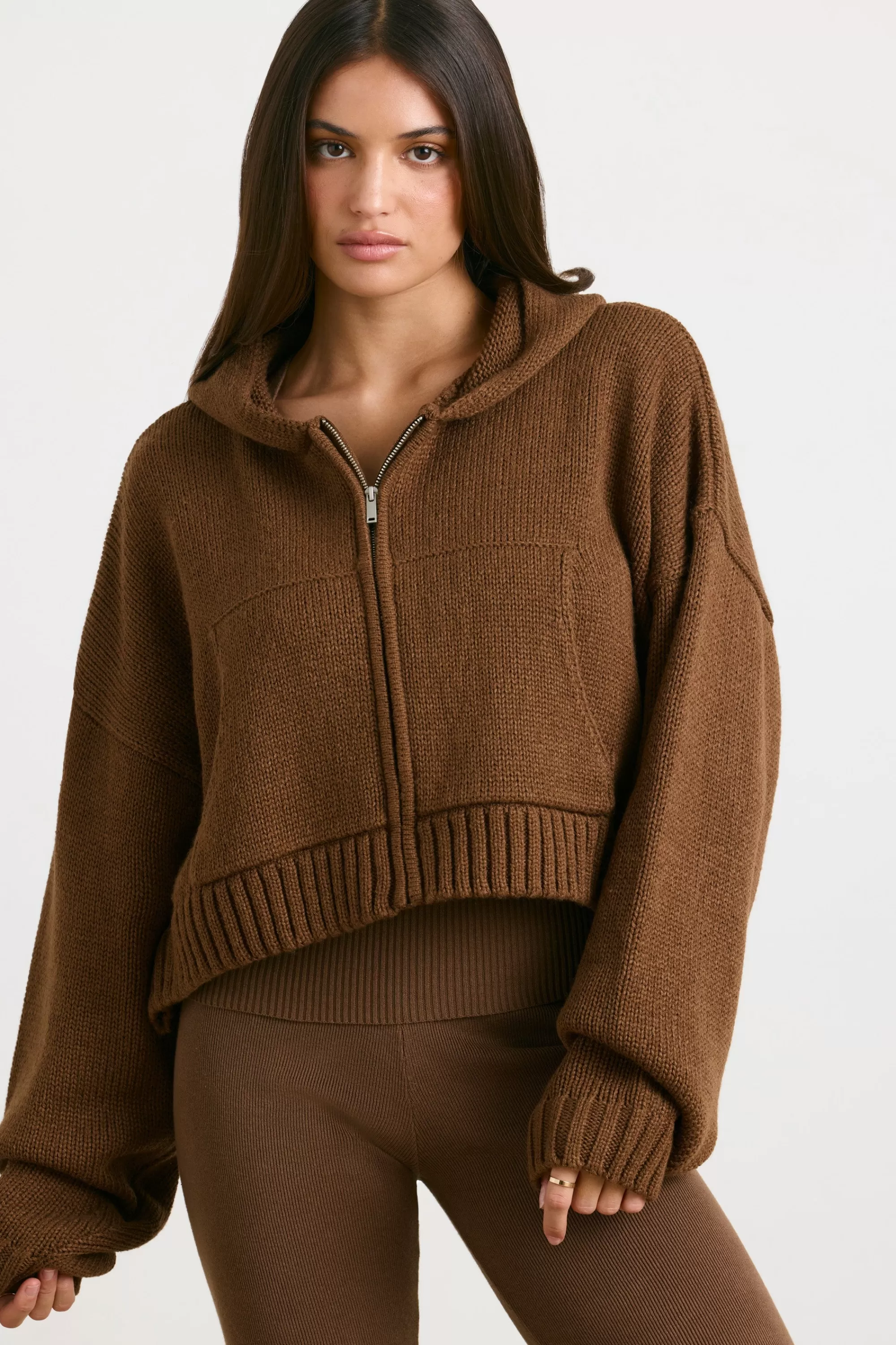 Oh Polly Cropped Zip Up Chunky Knit Hoodie In Espresso Best Sale