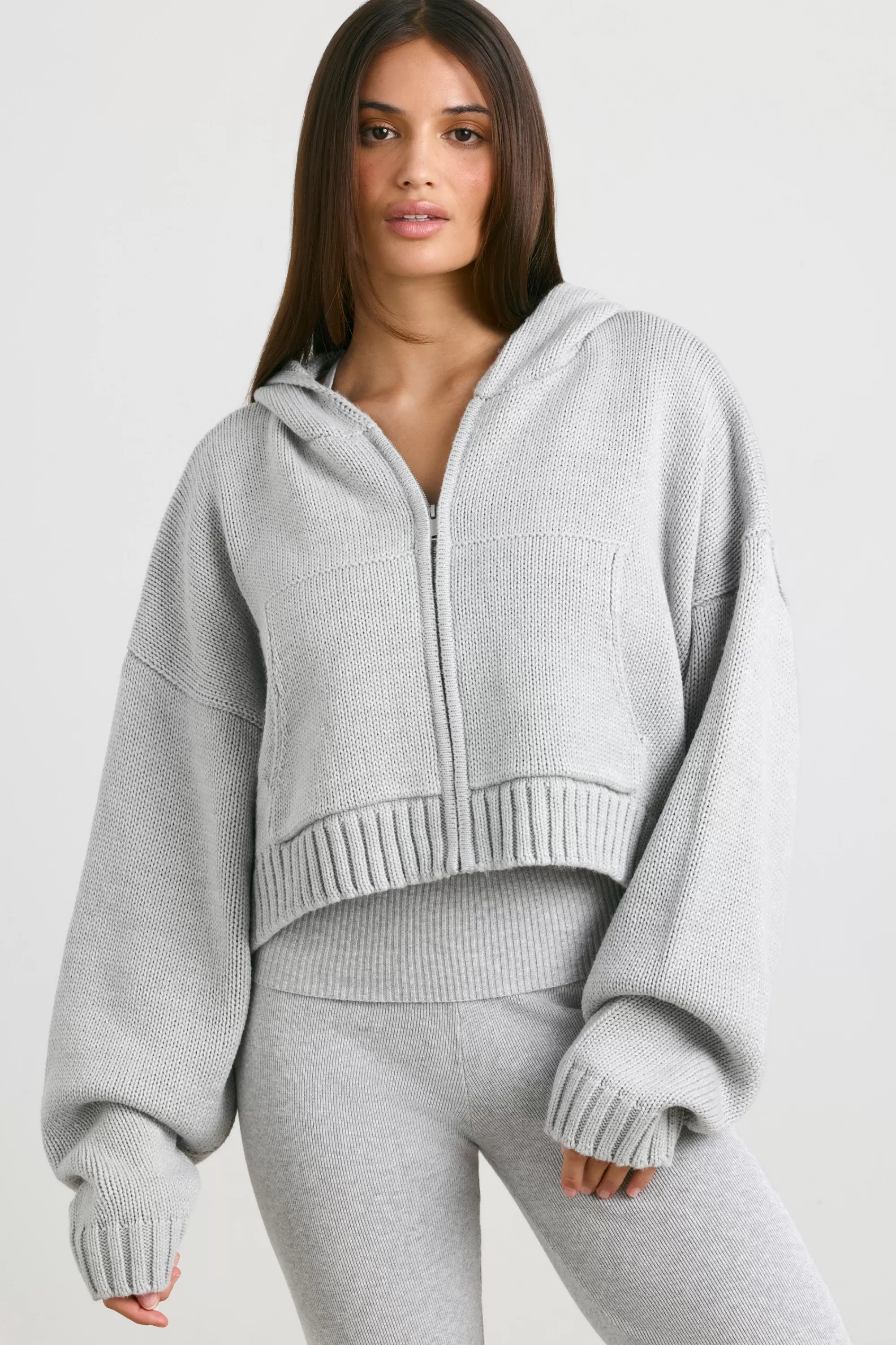 Oh Polly Cropped Zip Up Chunky Knit Hoodie In Heather Grey Fashion