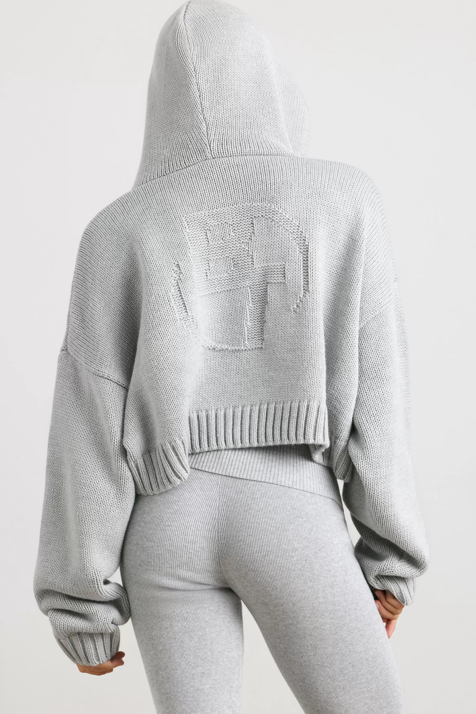 Oh Polly Cropped Zip Up Chunky Knit Hoodie In Heather Grey Fashion