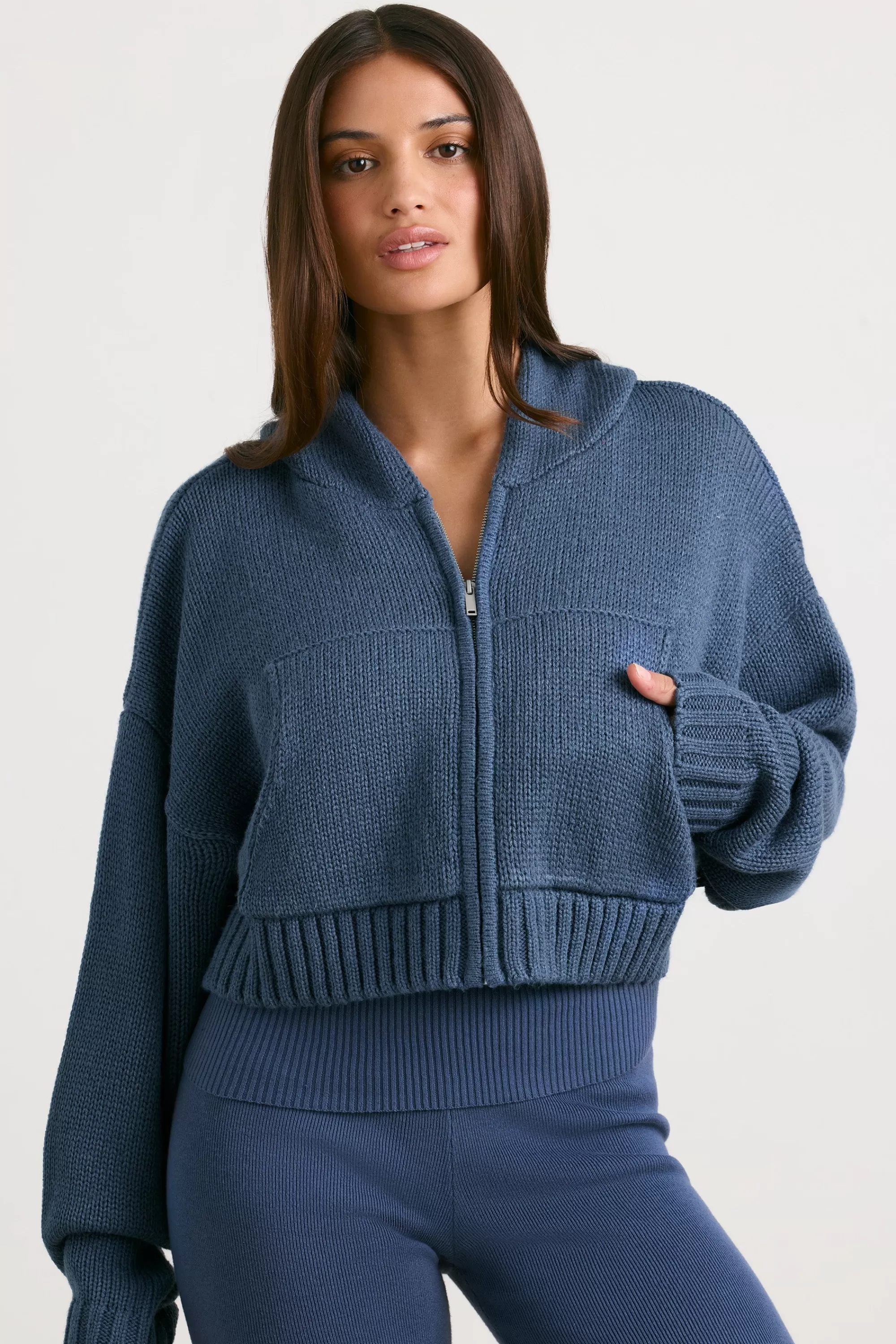 Oh Polly Cropped Zip Up Chunky Knit Hoodie In Washed Navy Best