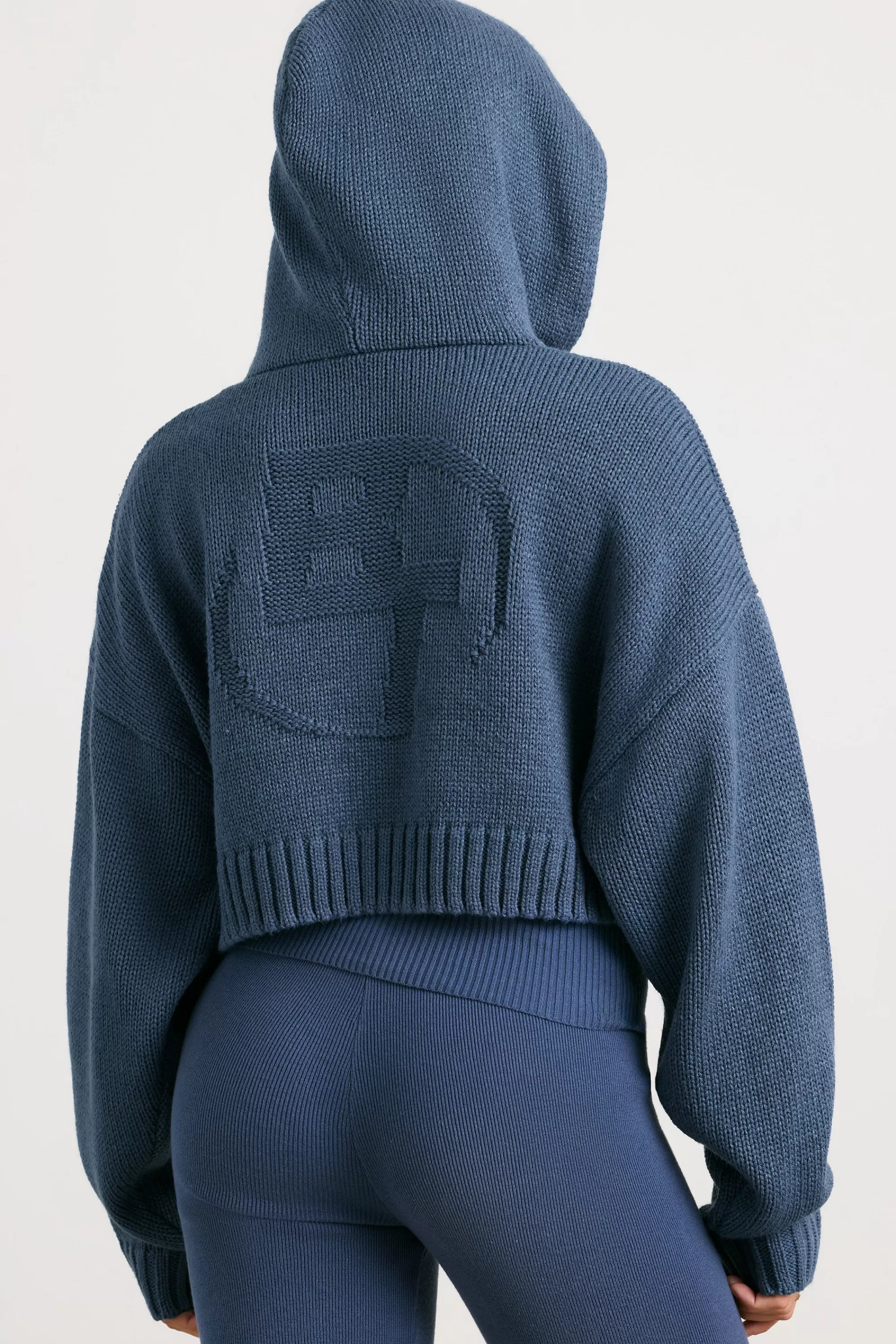 Oh Polly Cropped Zip Up Chunky Knit Hoodie In Washed Navy Best