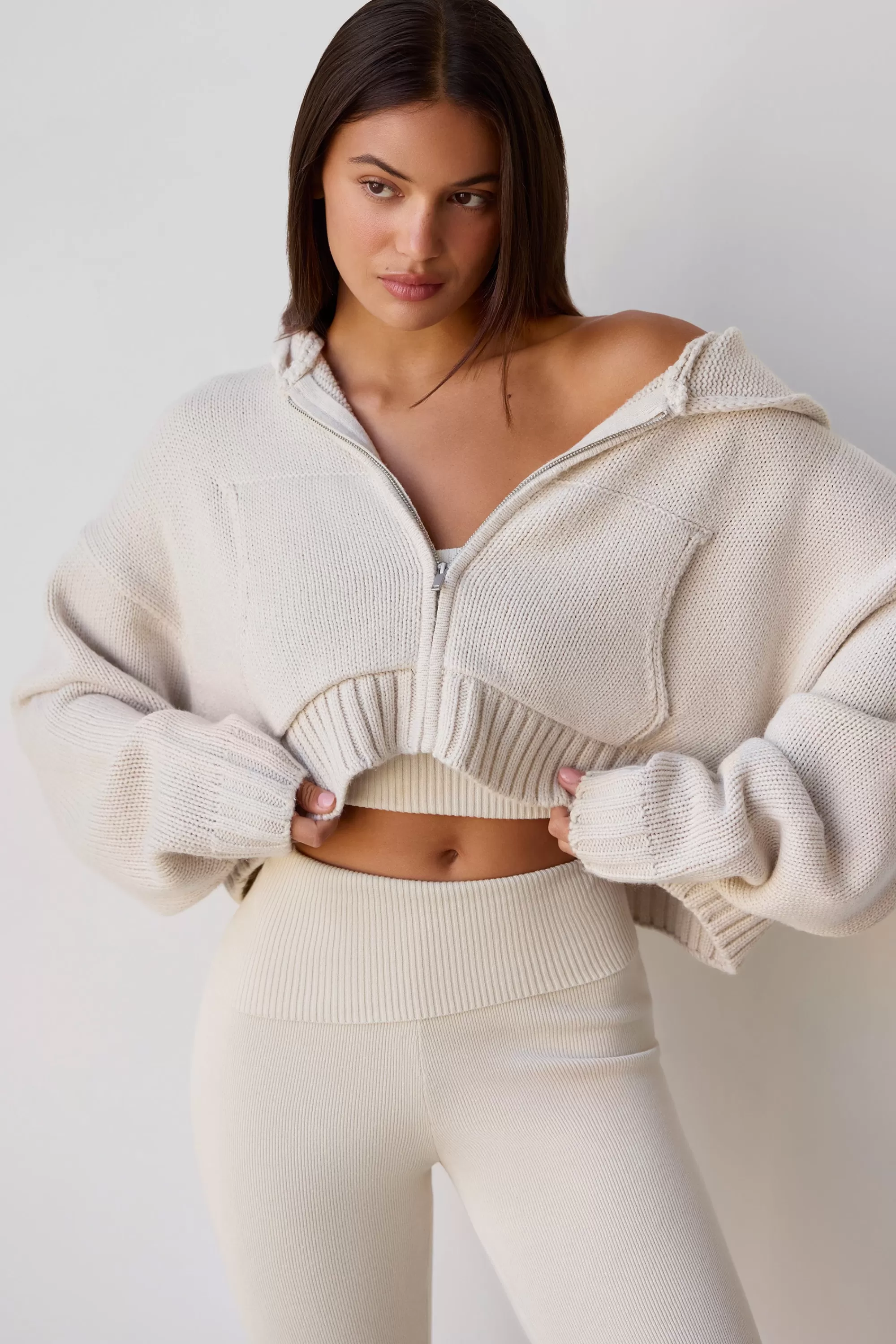 Oh Polly Cropped Zip-Up Chunky Knit Hoodie In Cream Clearance