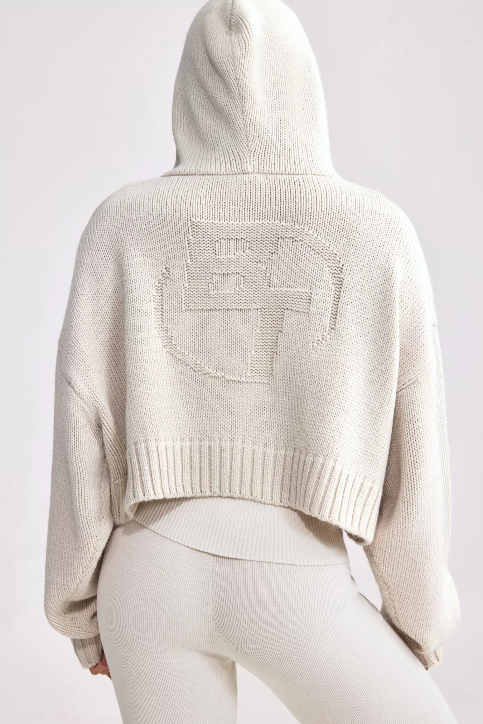 Oh Polly Cropped Zip-Up Chunky Knit Hoodie In Cream Clearance