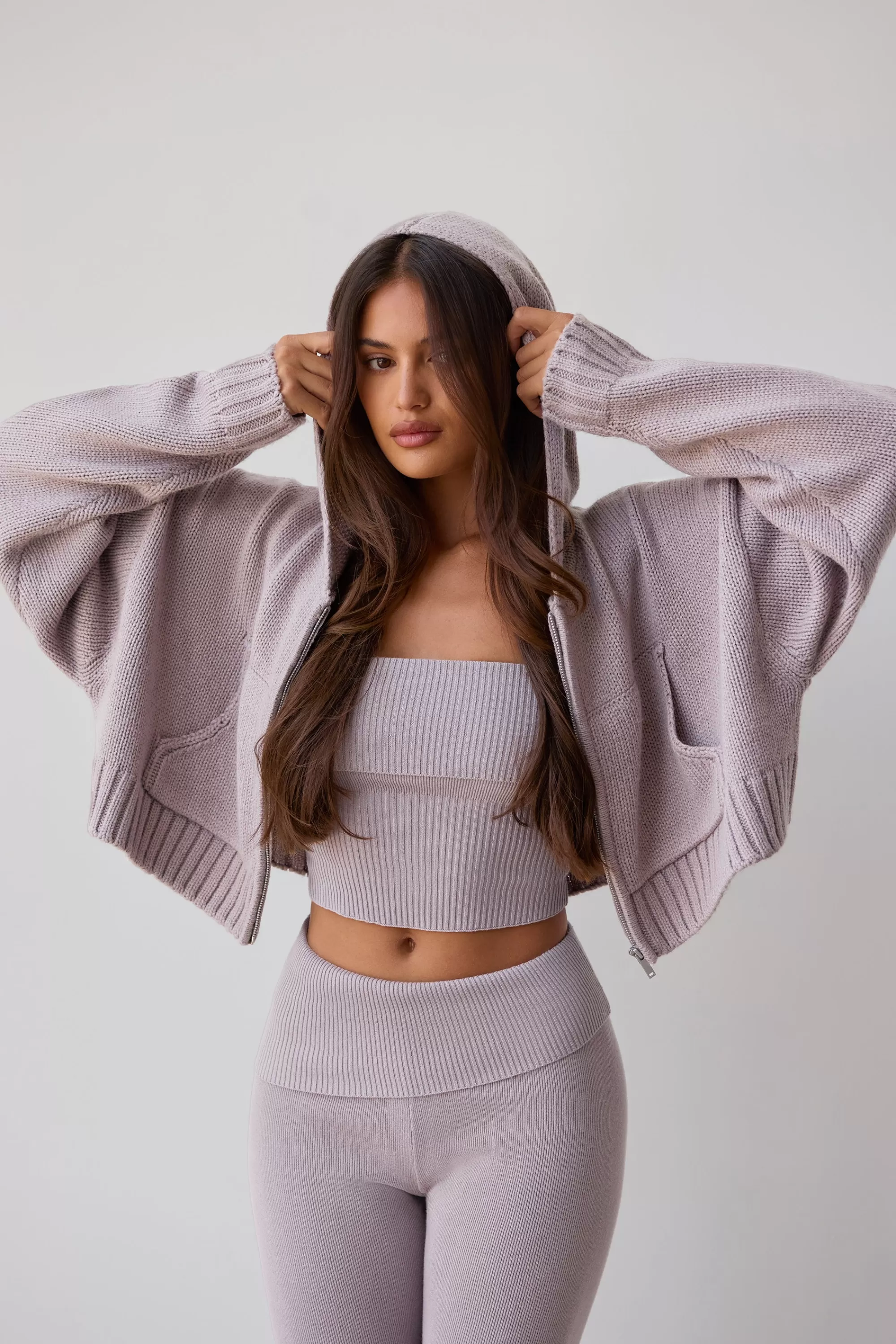 Oh Polly Cropped Zip-Up Chunky Knit Hoodie In Dusty Lavender Outlet