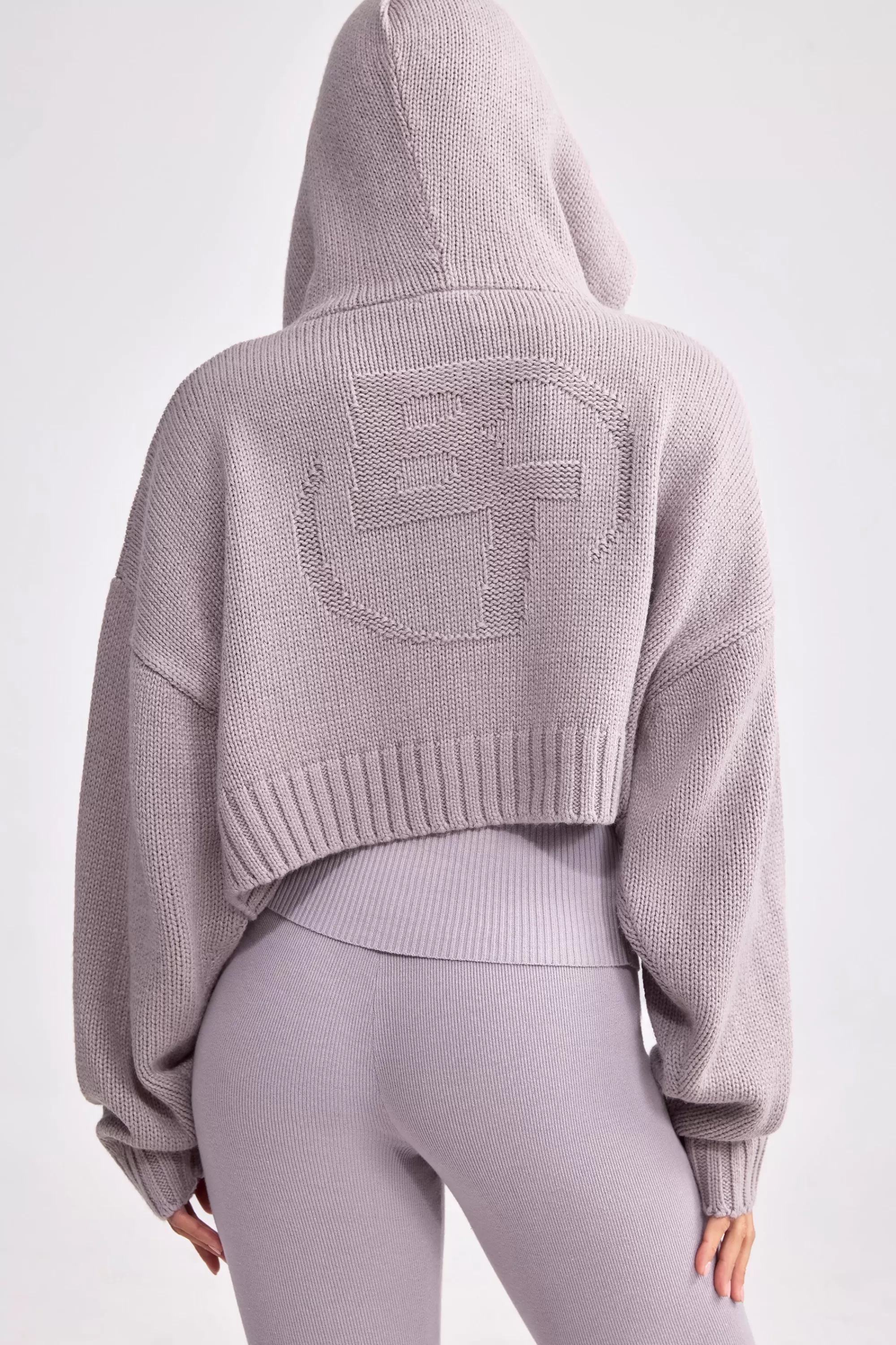 Oh Polly Cropped Zip-Up Chunky Knit Hoodie In Dusty Lavender Outlet