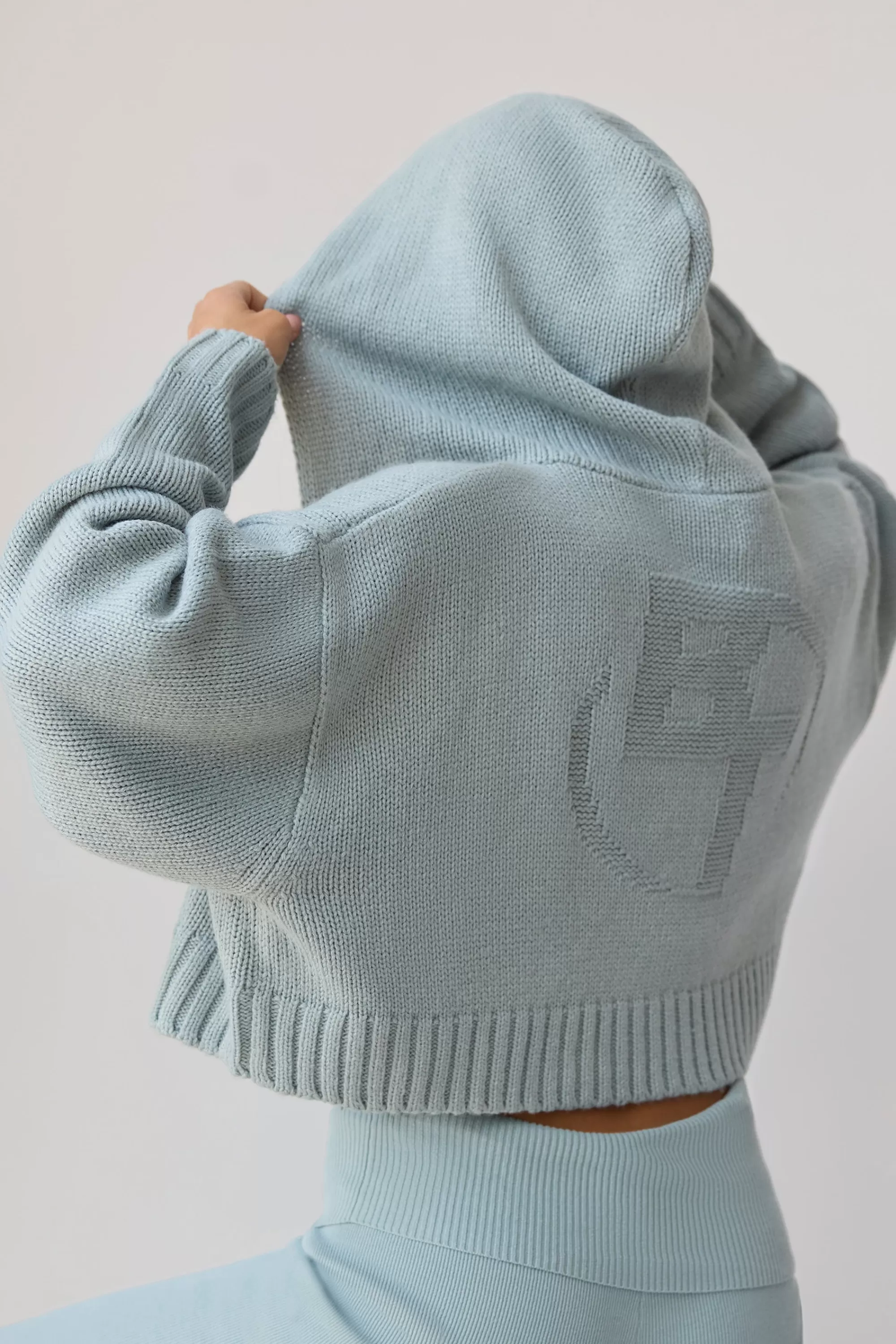 Oh Polly Cropped Zip-Up Chunky Knit Hoodie In Dusty Teal Sale