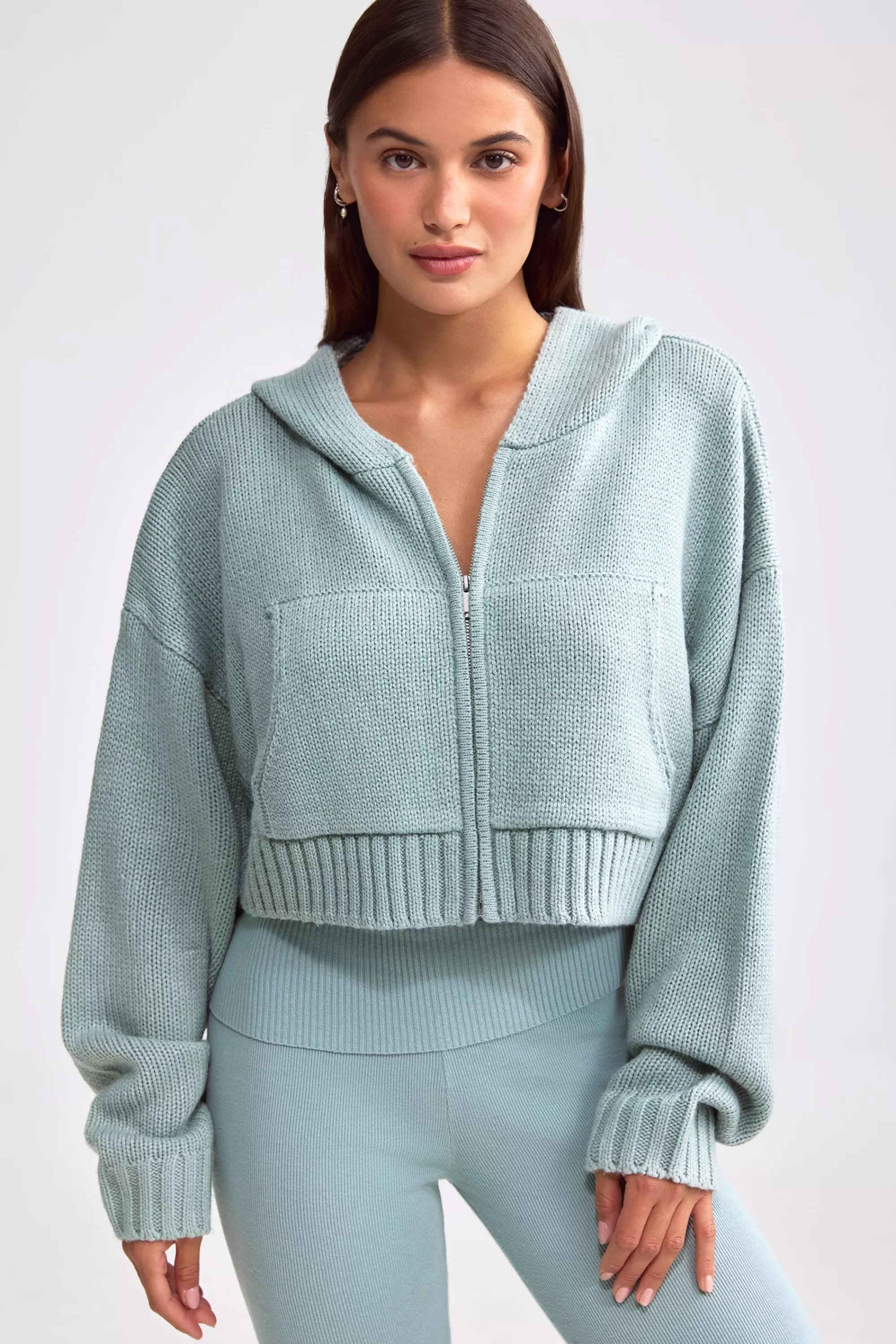 Oh Polly Cropped Zip-Up Chunky Knit Hoodie In Dusty Teal Sale