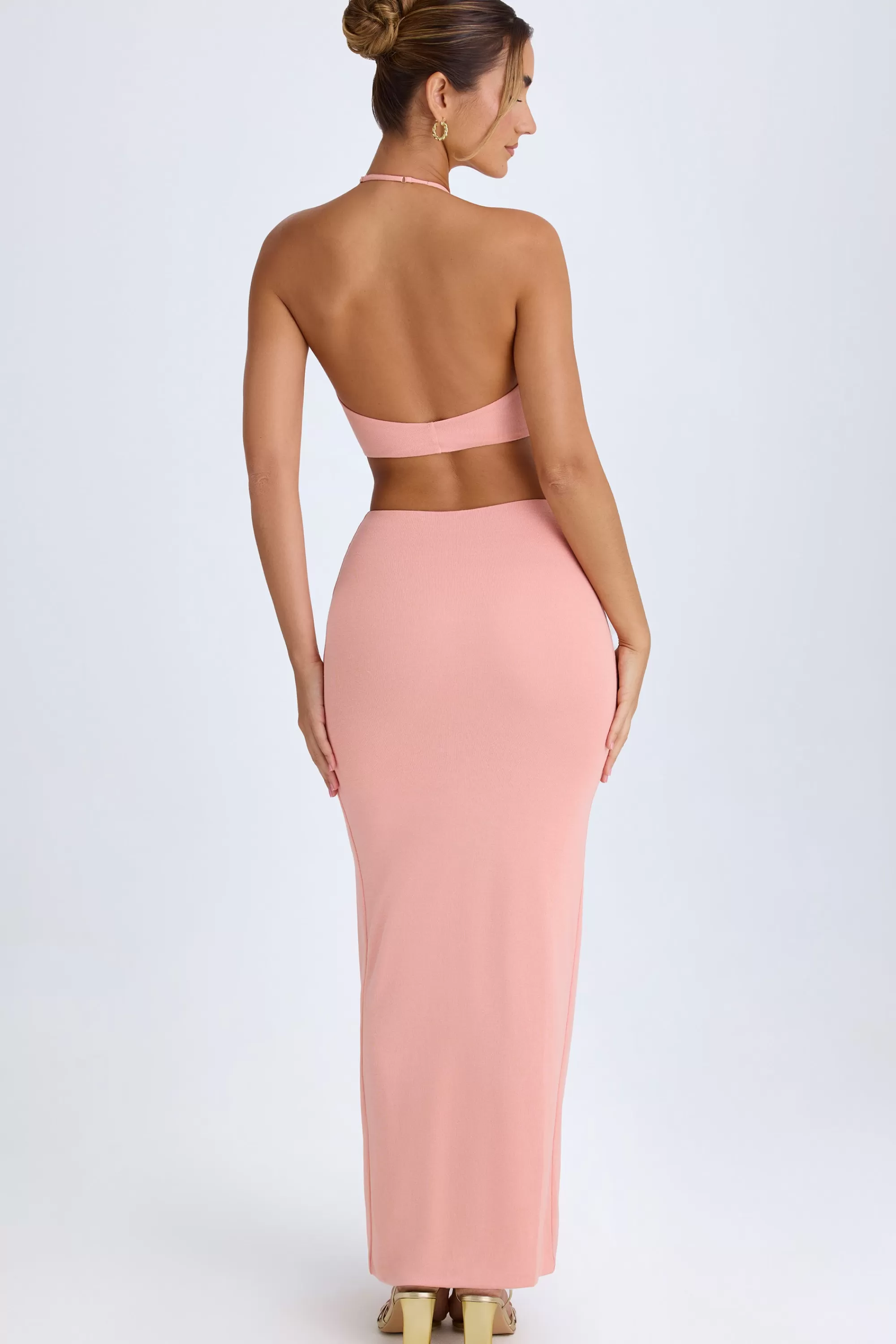 Oh Polly Cut-Out Halterneck Maxi Dress In Apricot Pink Shop