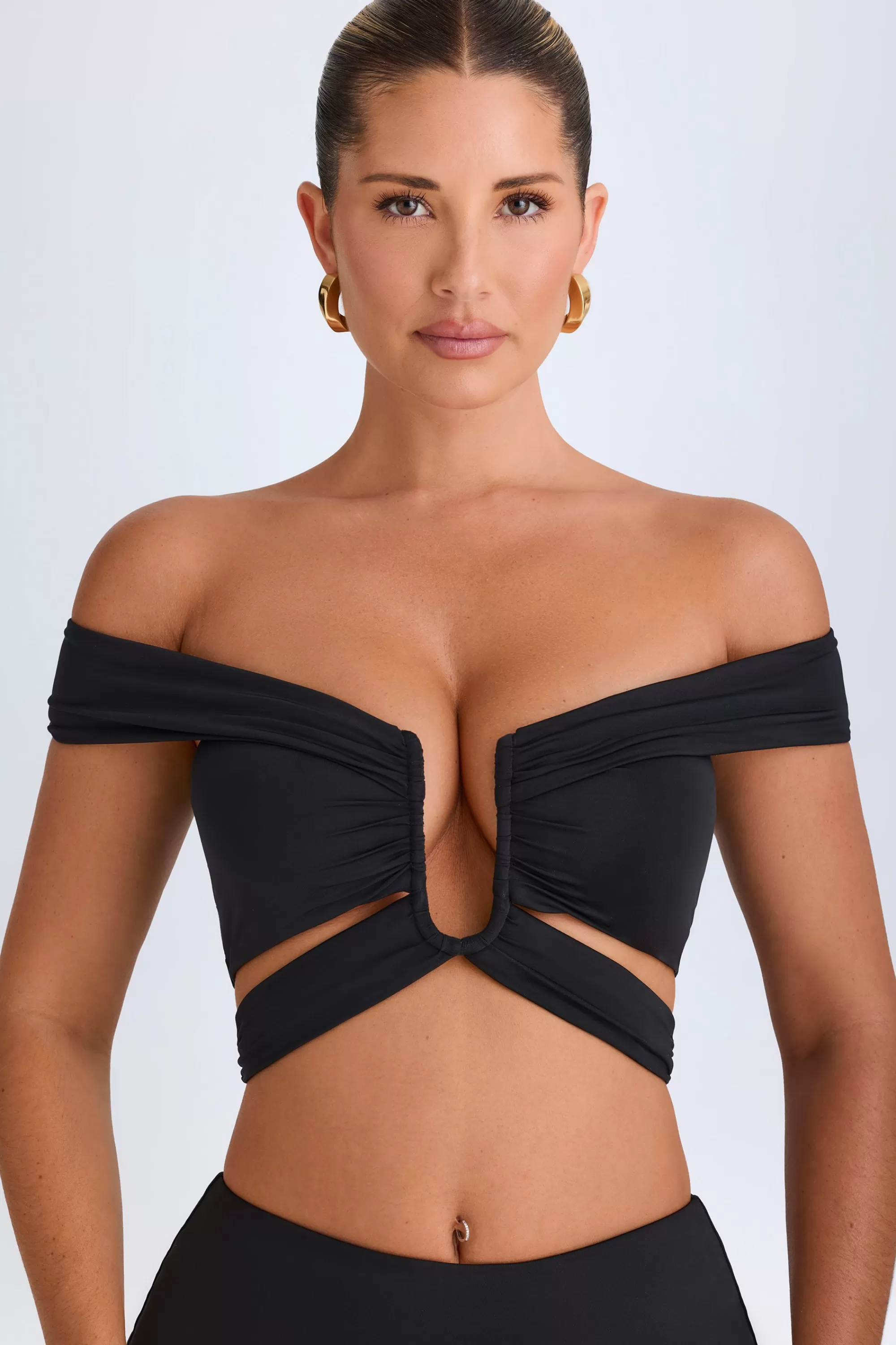 Oh Polly Cut-Out Off-Shoulder Crop Top In Black Clearance