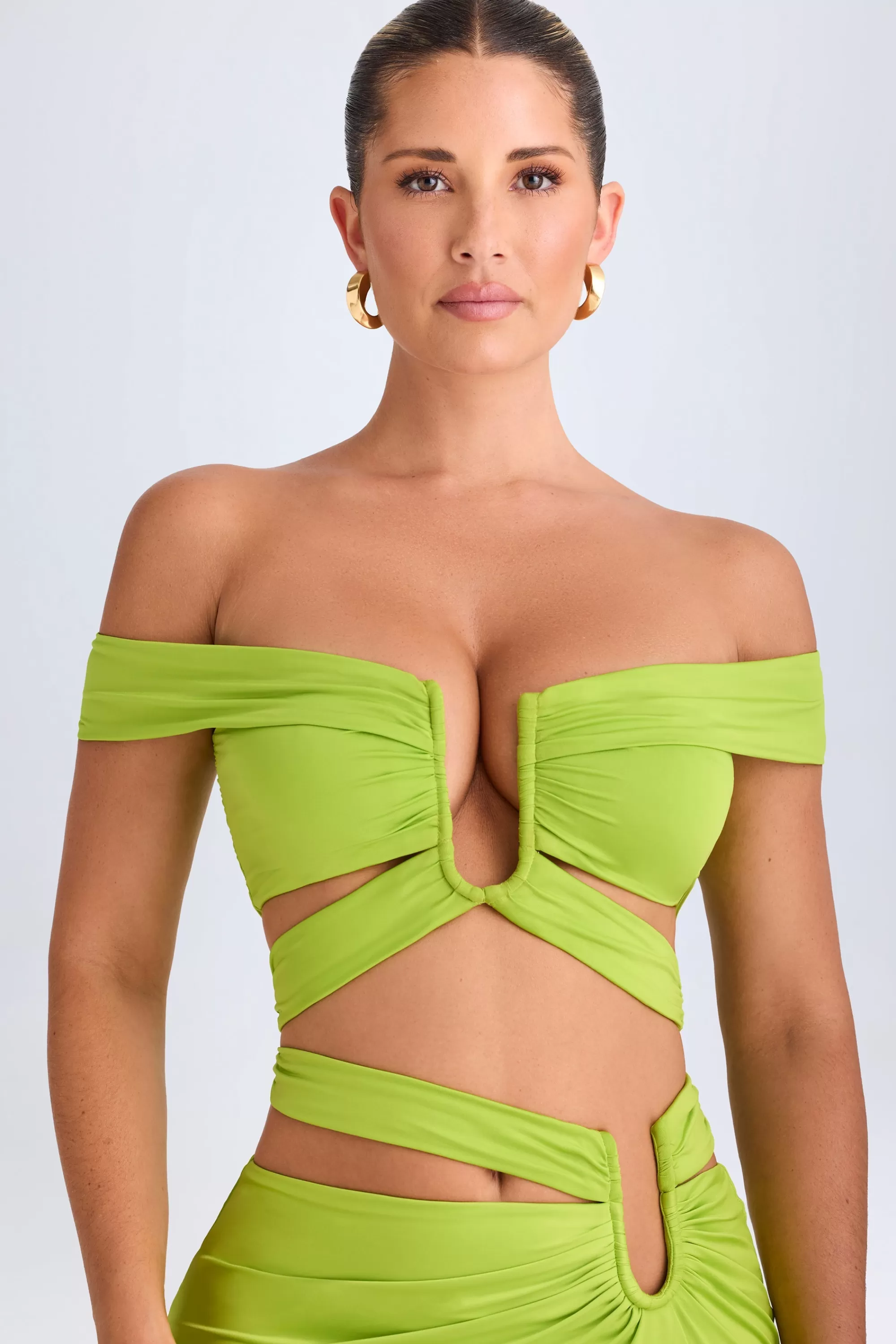 Oh Polly Cut-Out Off-Shoulder Crop Top In Lime Green Online