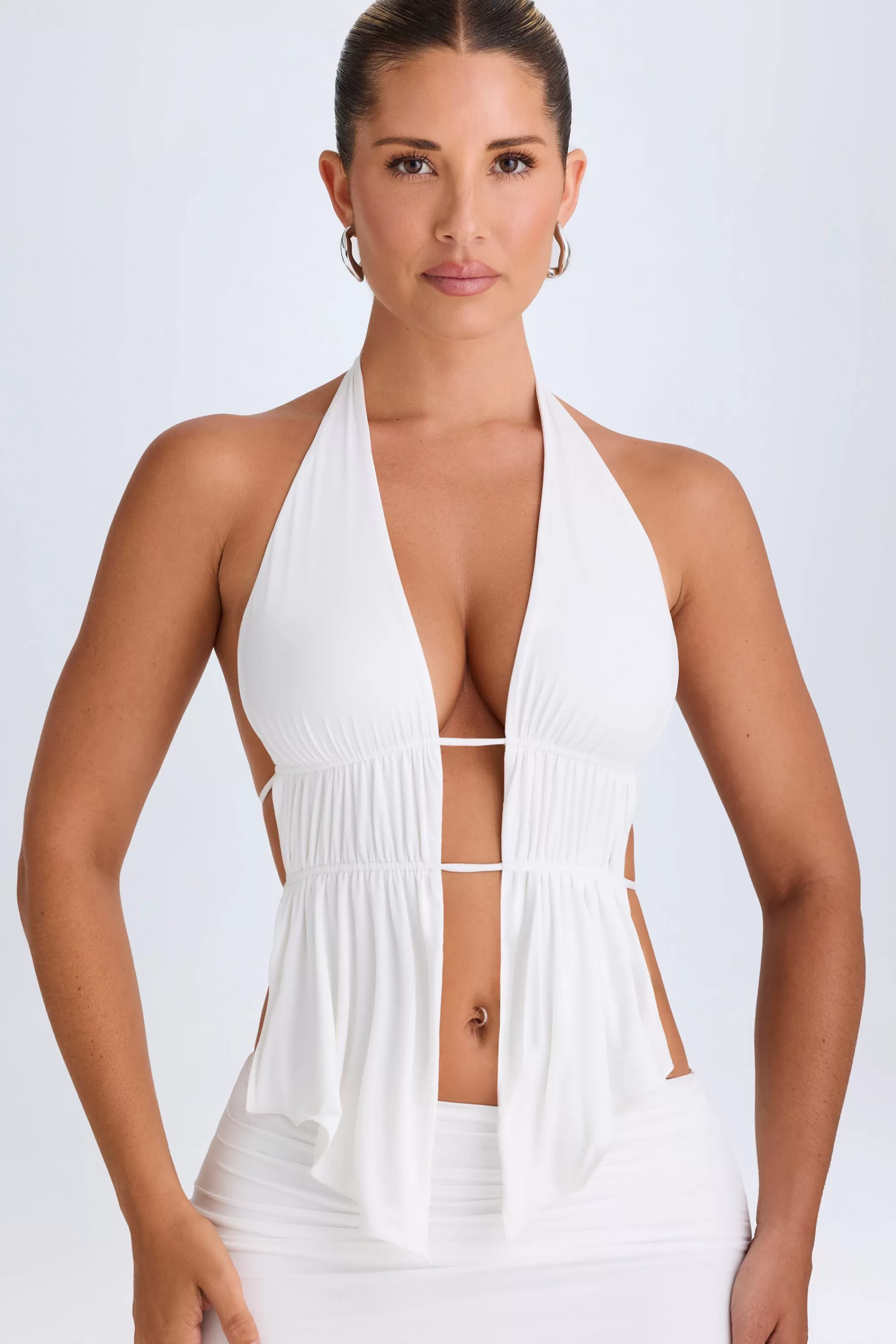 Oh Polly Cut-Out Ruched Halterneck Crop Top In White Sale