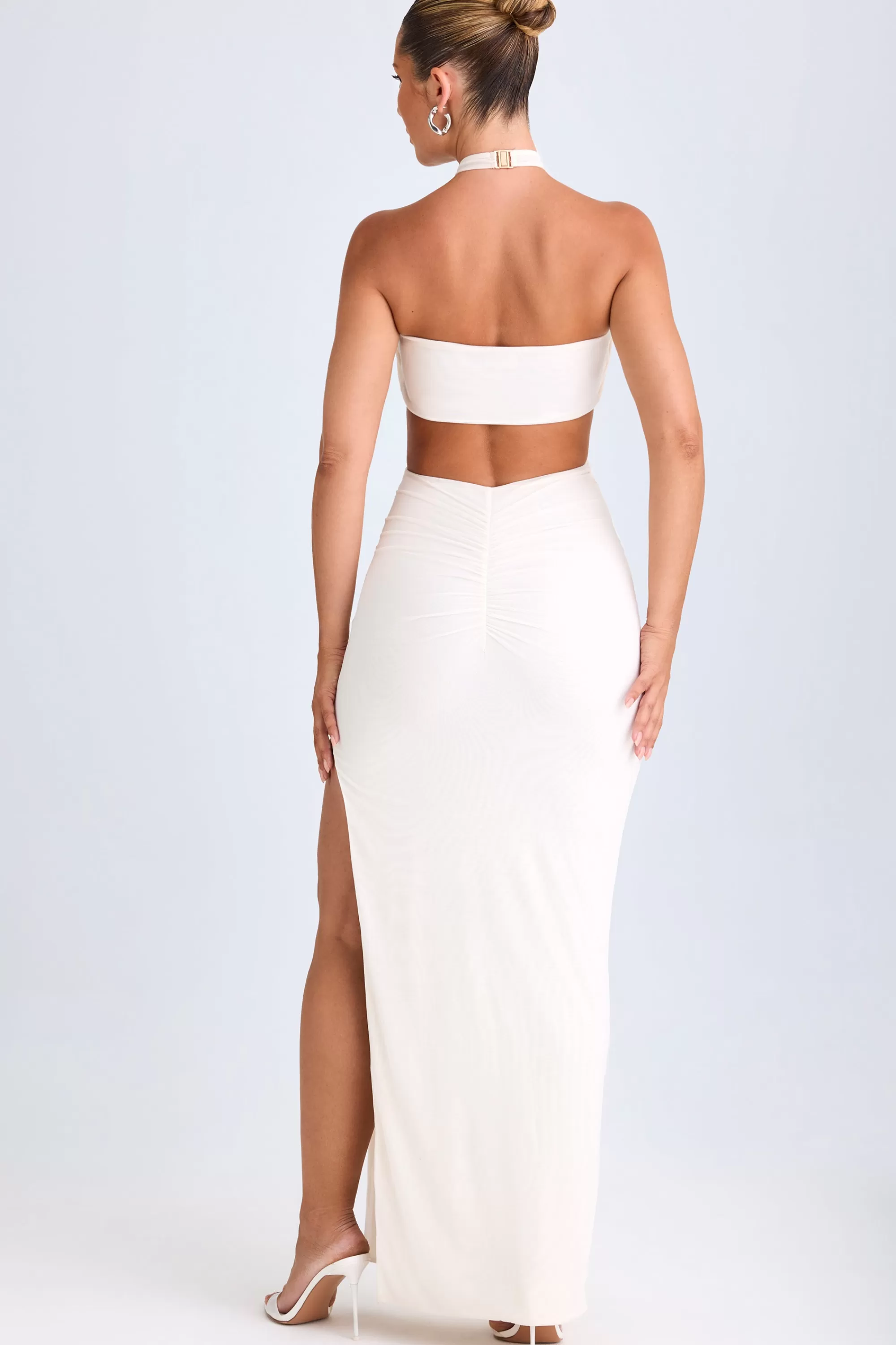 Oh Polly Cut-Out Ruched Halterneck Maxi Dress In White New