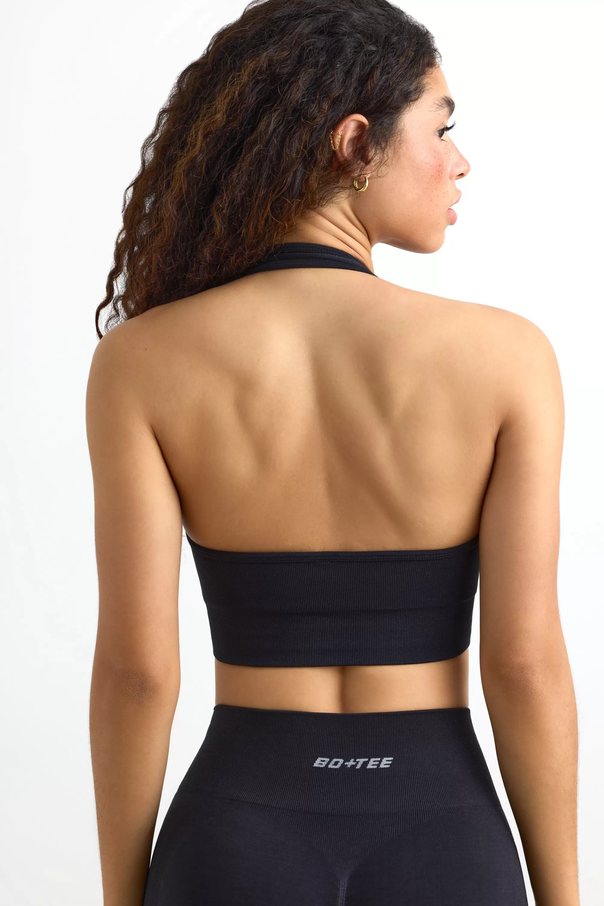 Oh Polly Define Luxe Halterneck Sports Bra In Jet Black Flash Sale