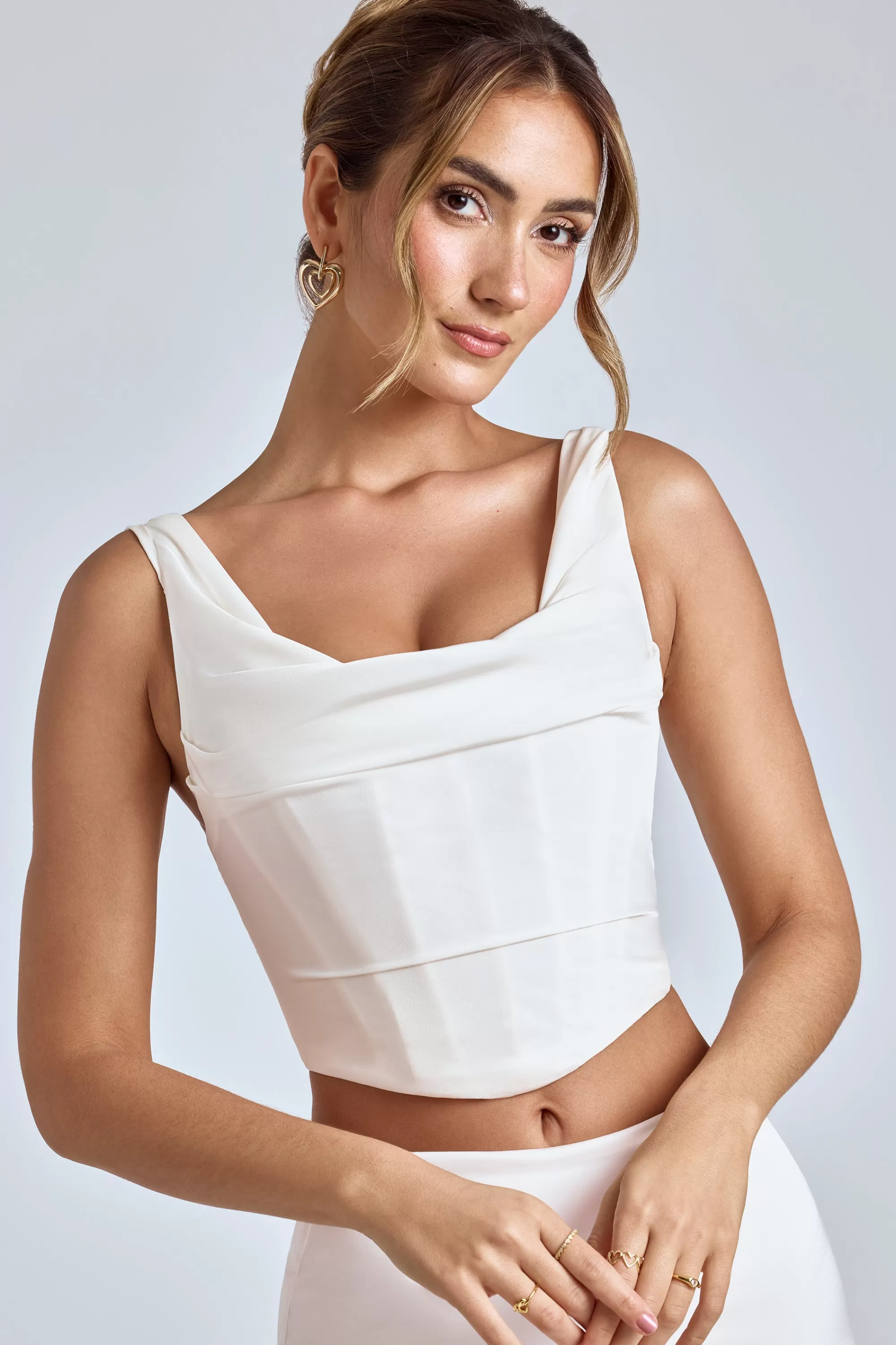 Oh Polly Draped Cowl Corset In White Online