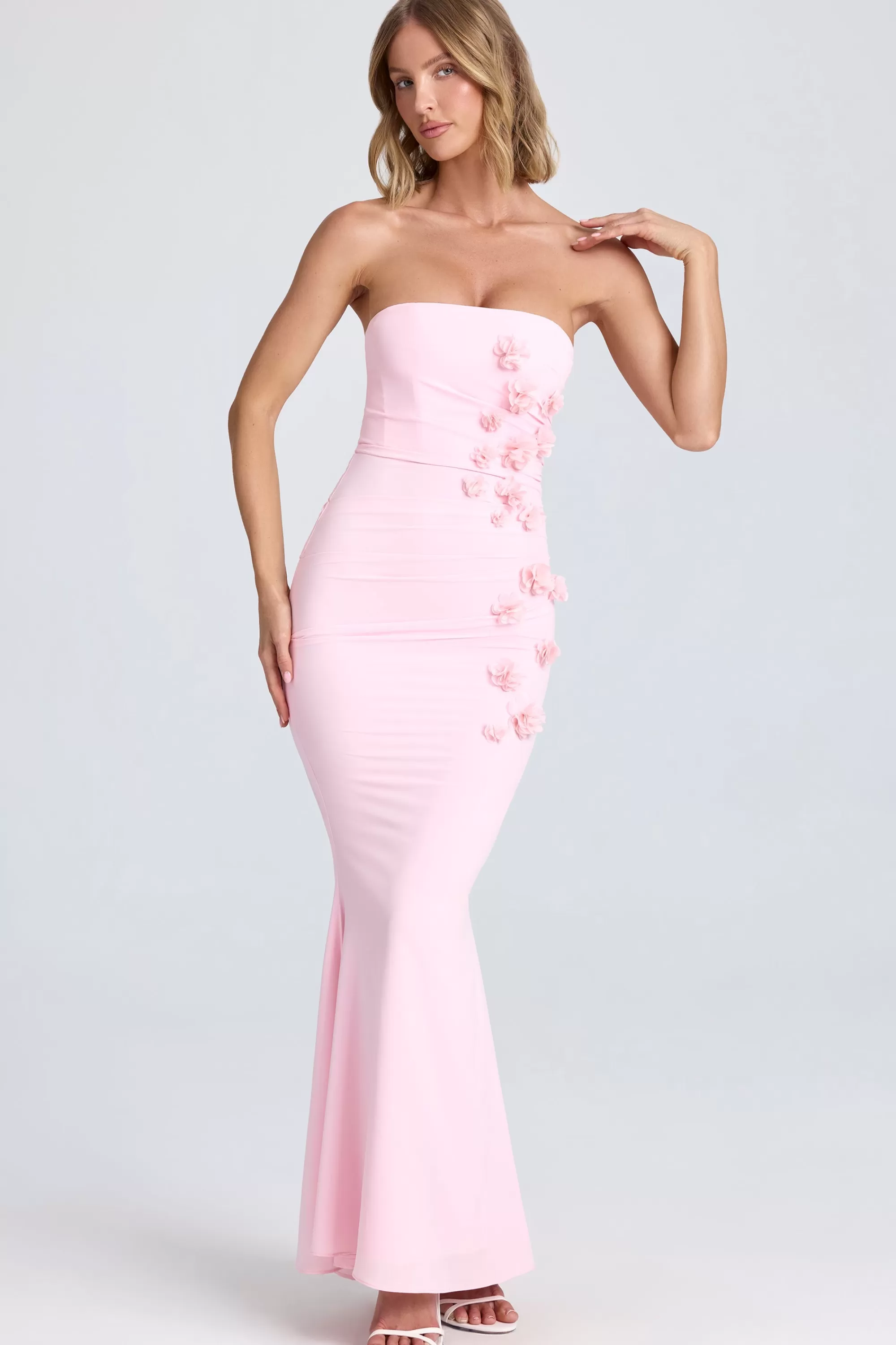 Oh Polly Draped Floral-Appliqué Maxi Dress In Blush Hot