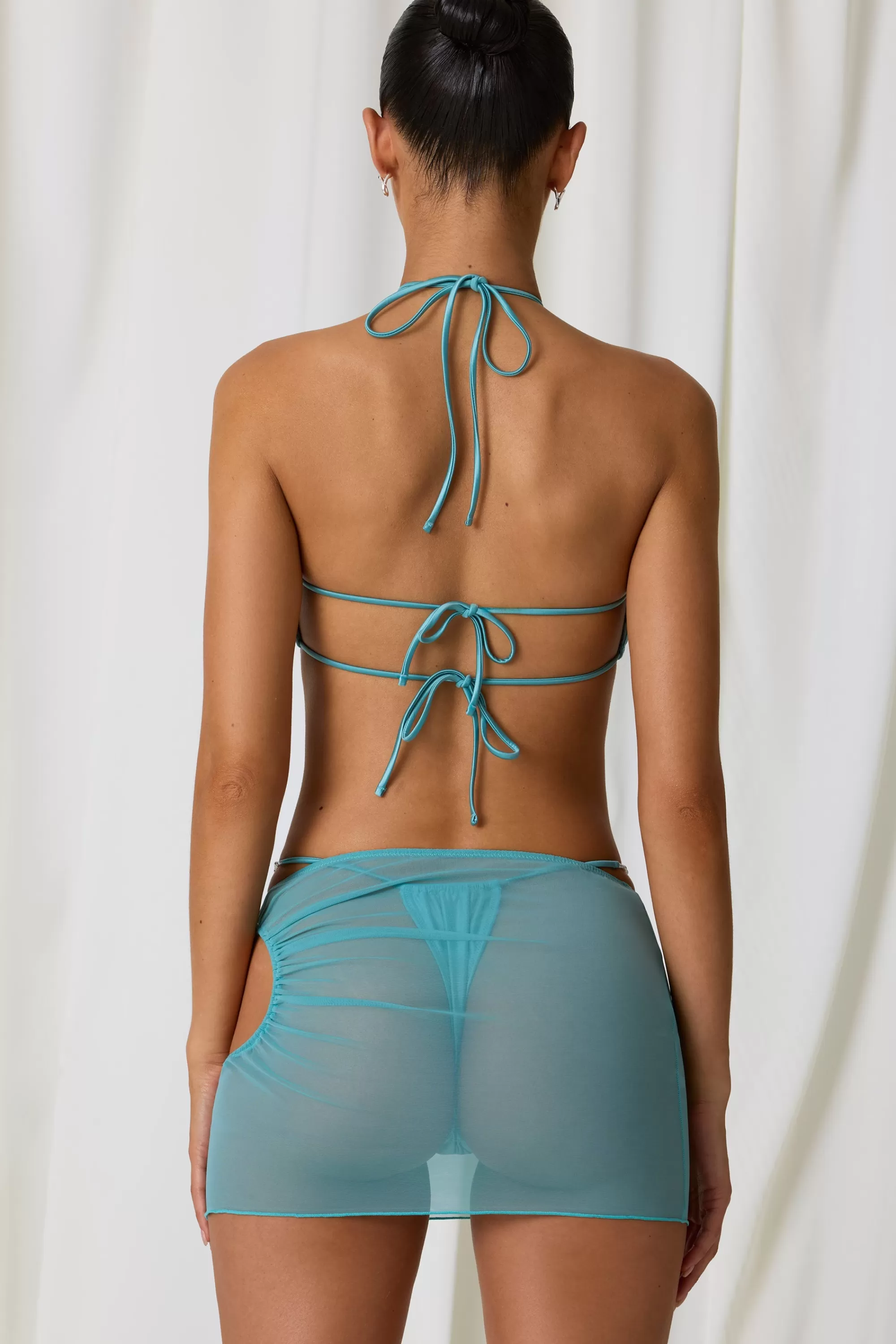 Oh Polly Drawstring Cut-Out Mini Skirt In Turquoise Clearance