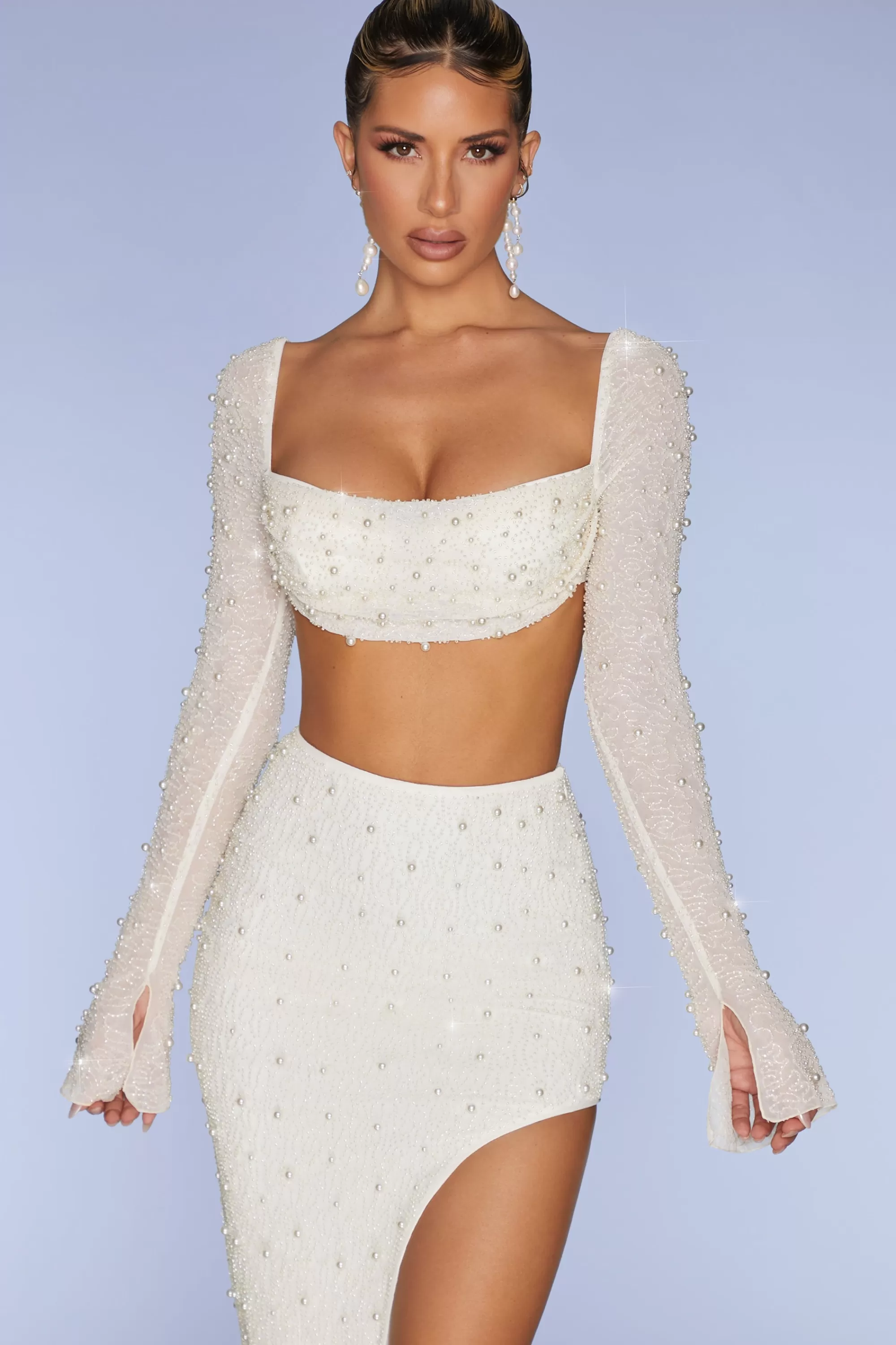 Oh Polly Embellished Cowl Neck Crop Top In Ivory Online