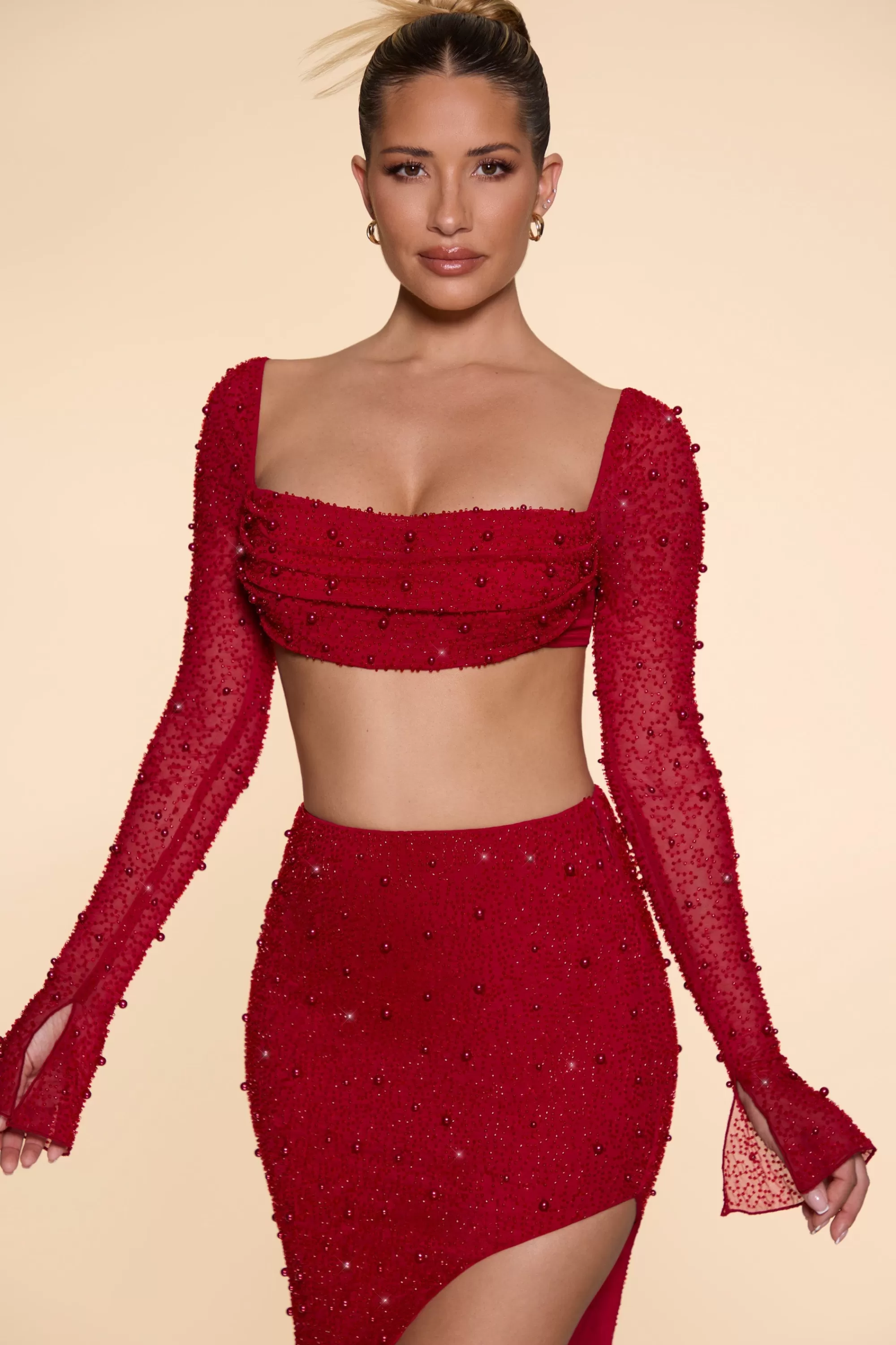 Oh Polly Embellished Cowl Neck Crop Top In Red Best Sale