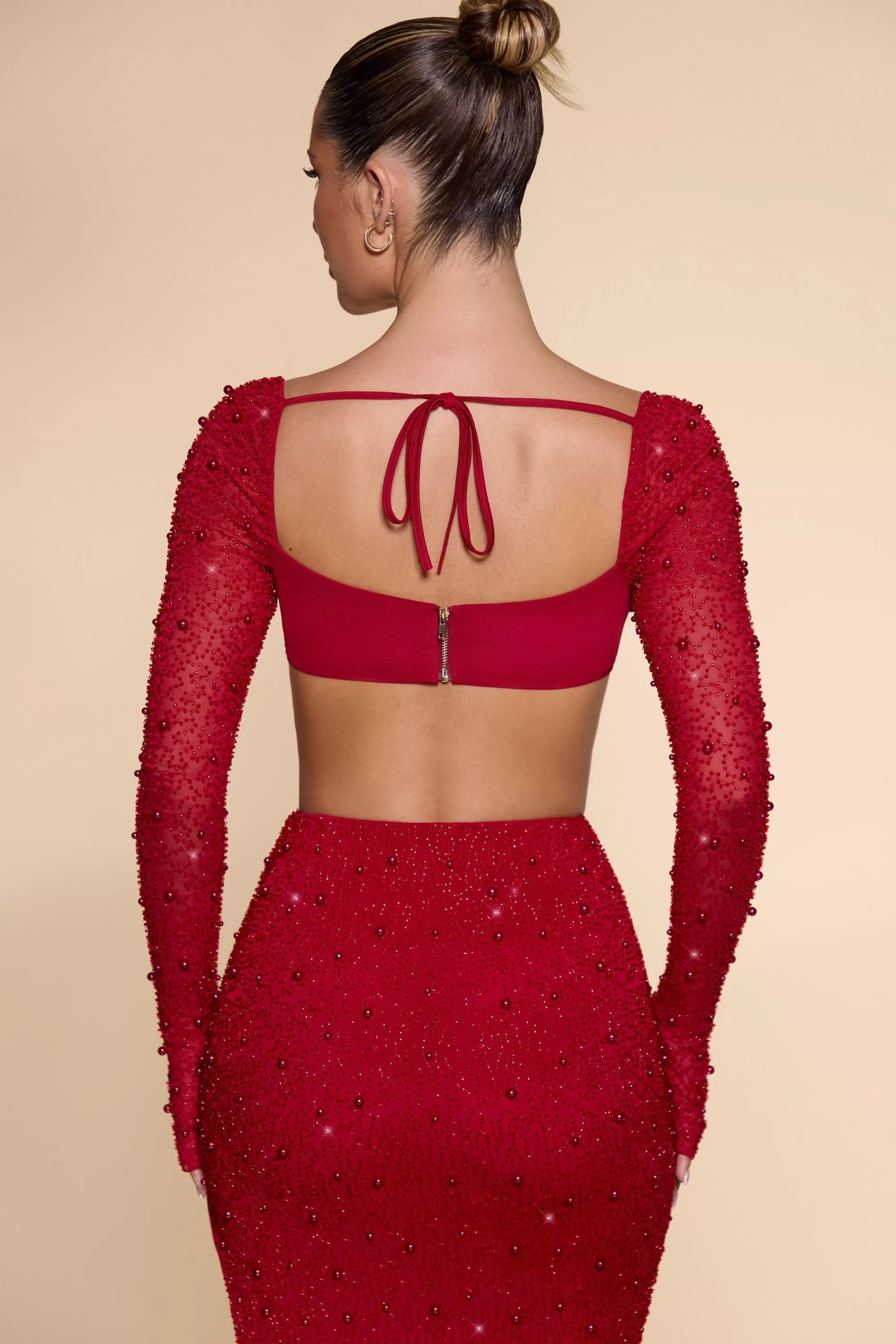 Oh Polly Embellished Cowl Neck Crop Top In Red Best Sale