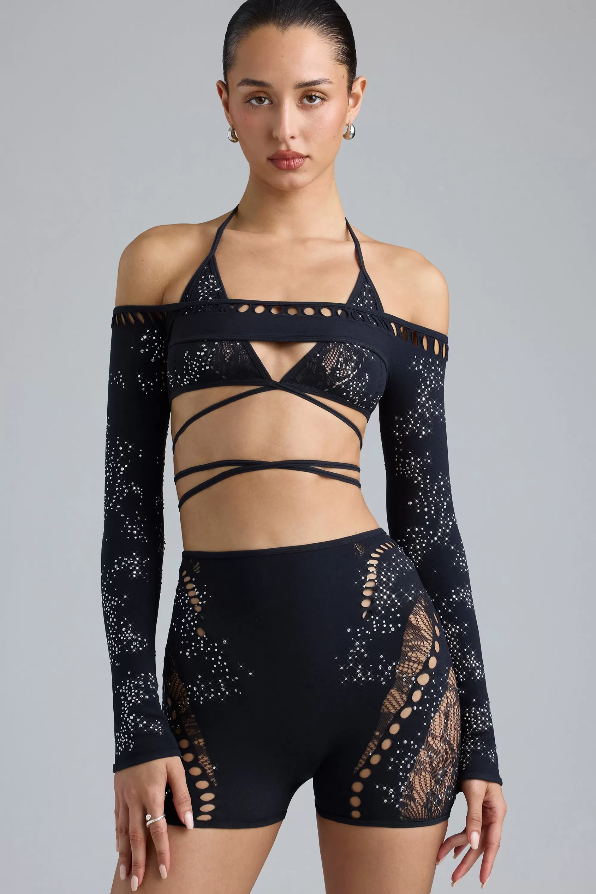 Oh Polly Embellished Cropped Shrug In Black Outlet