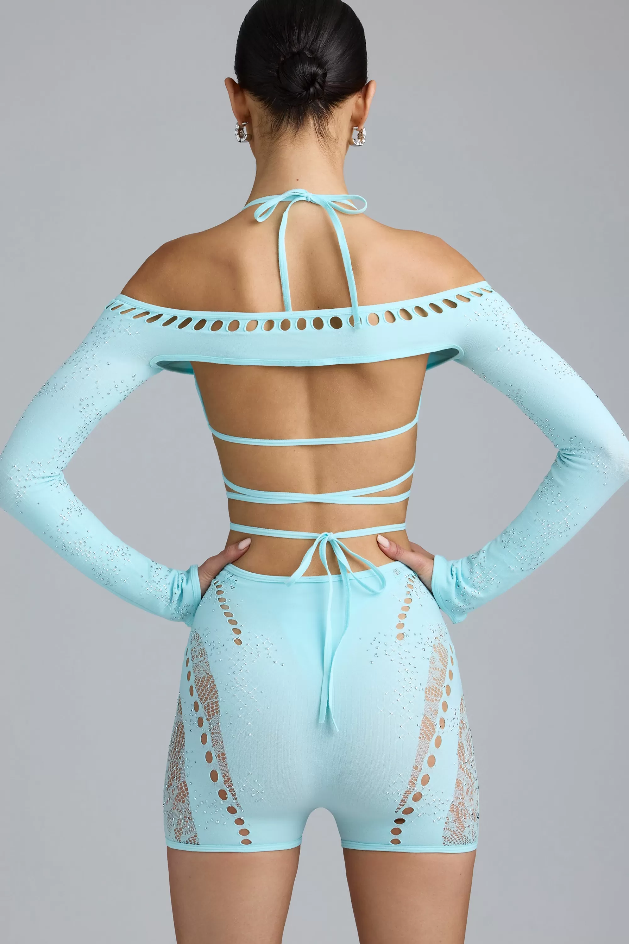 Oh Polly Embellished Cropped Shrug In Ice Blue Clearance