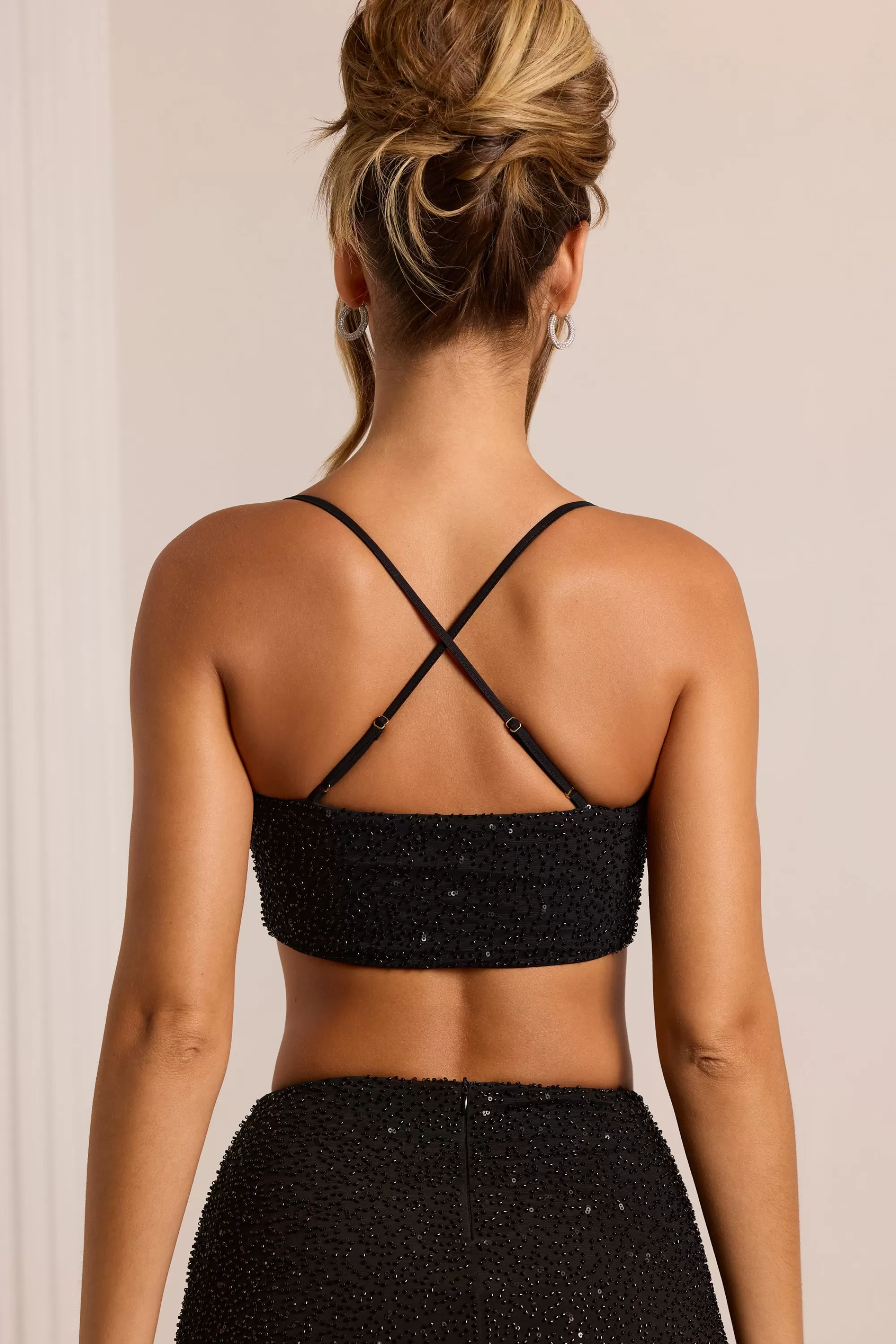 Oh Polly Embellished Cross Back Crop Top In Black New