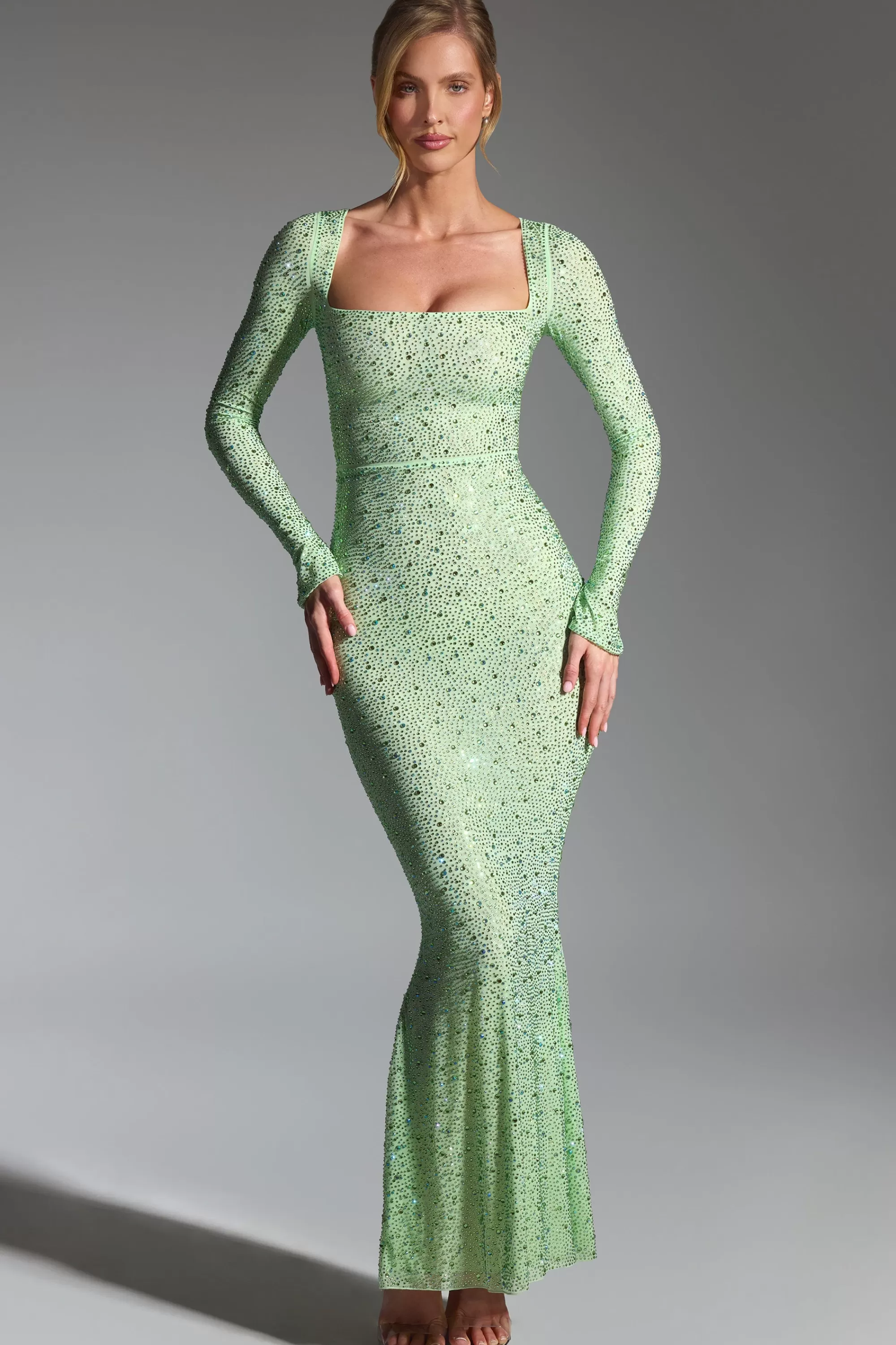 Oh Polly Embellished Fishtail Maxi Dress In Pistachio New