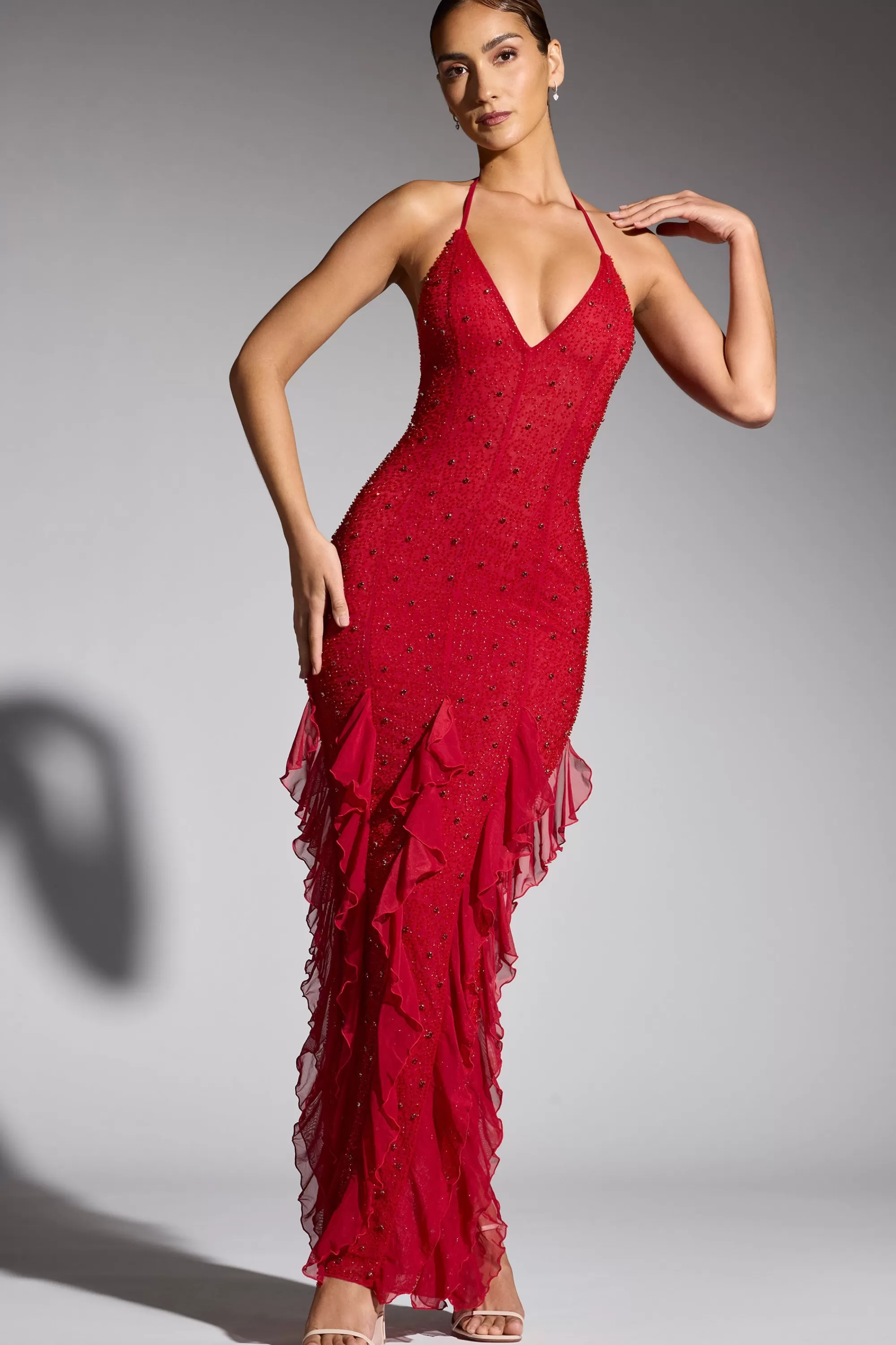 Oh Polly Embellished Halter Neck Ruffle Maxi Dress In Red Outlet