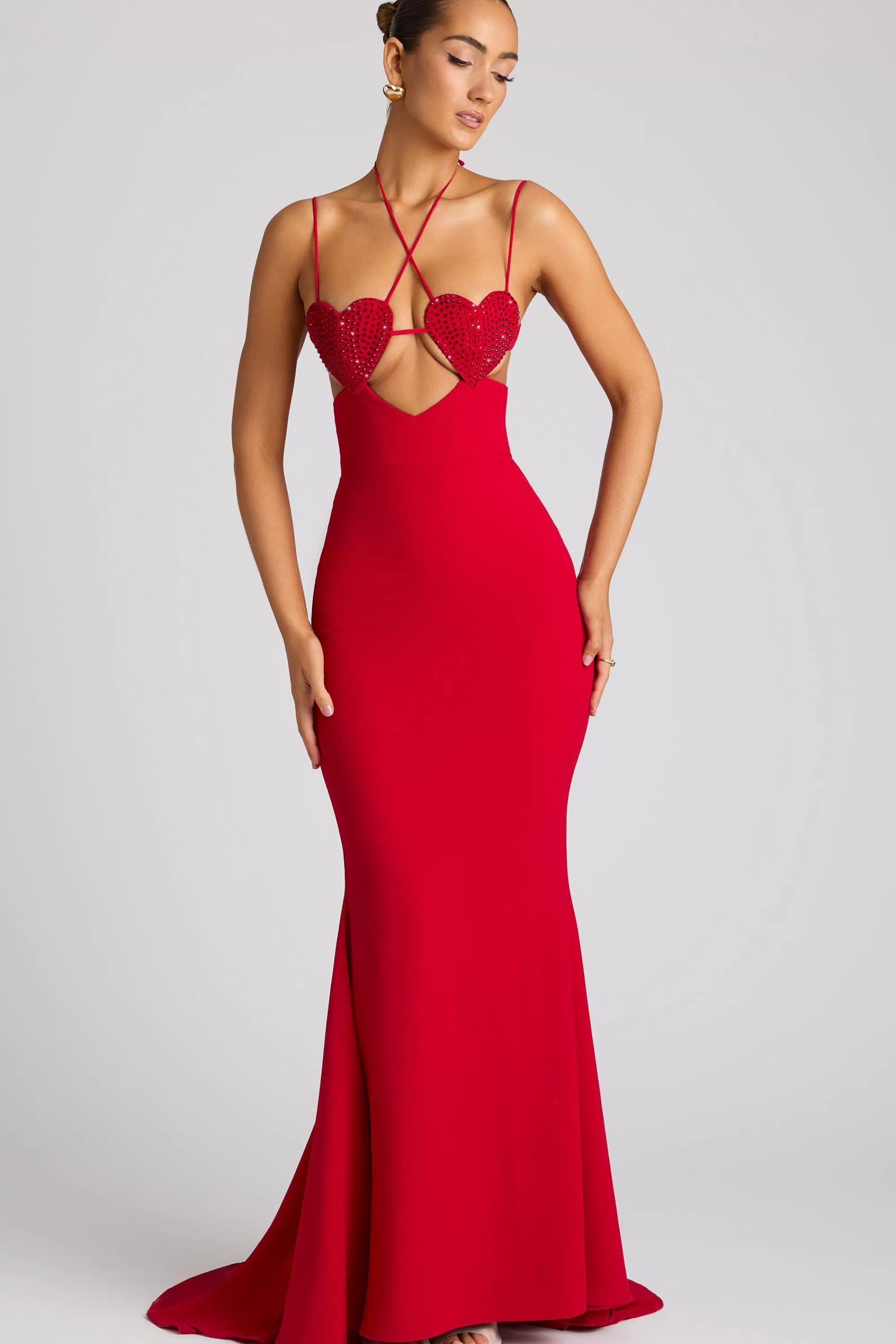 Oh Polly Embellished Heart Cup Detail Evening Gown In Fire Red Best Sale