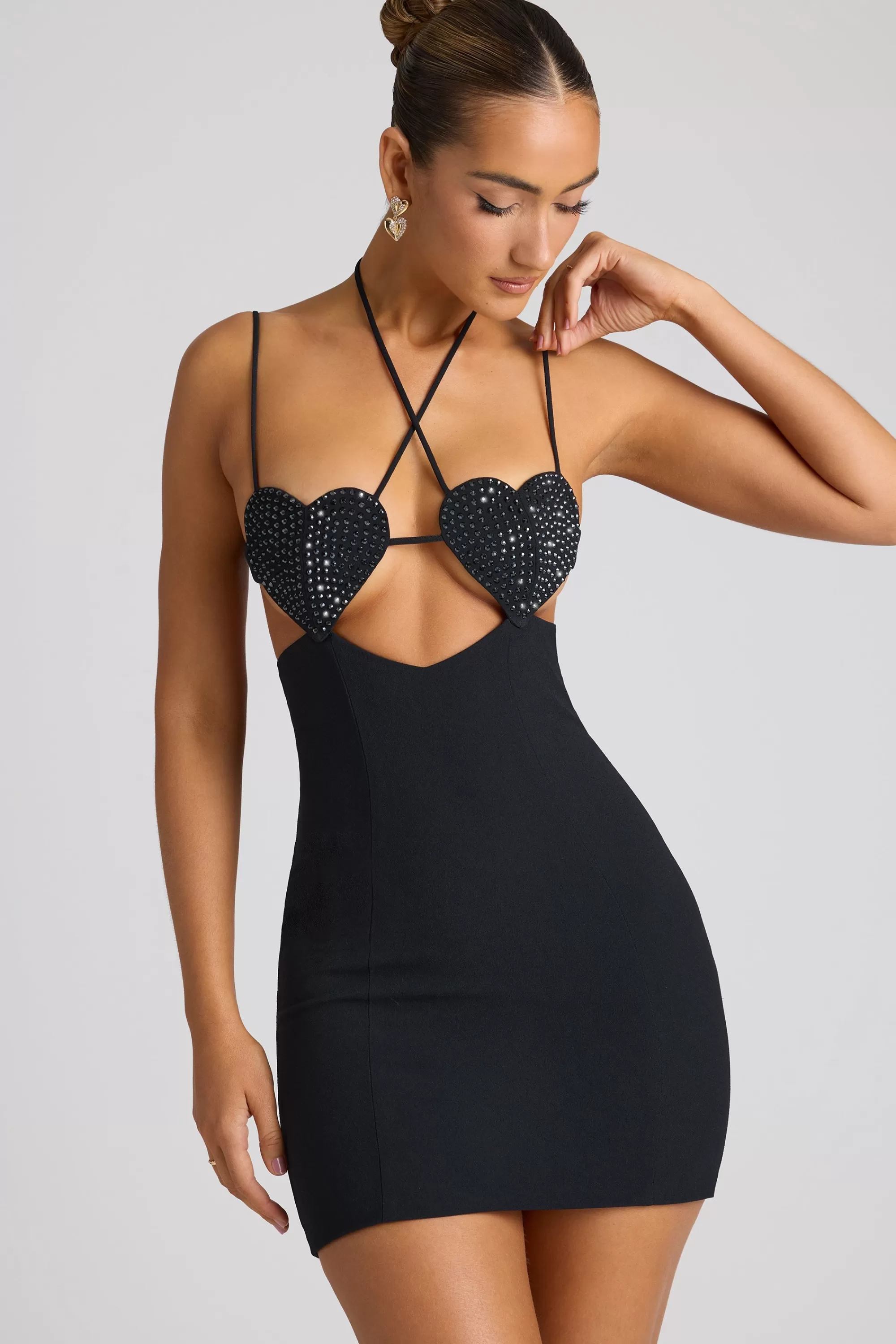 Oh Polly Embellished Heart Cup Detail Mini Dress In Black Discount