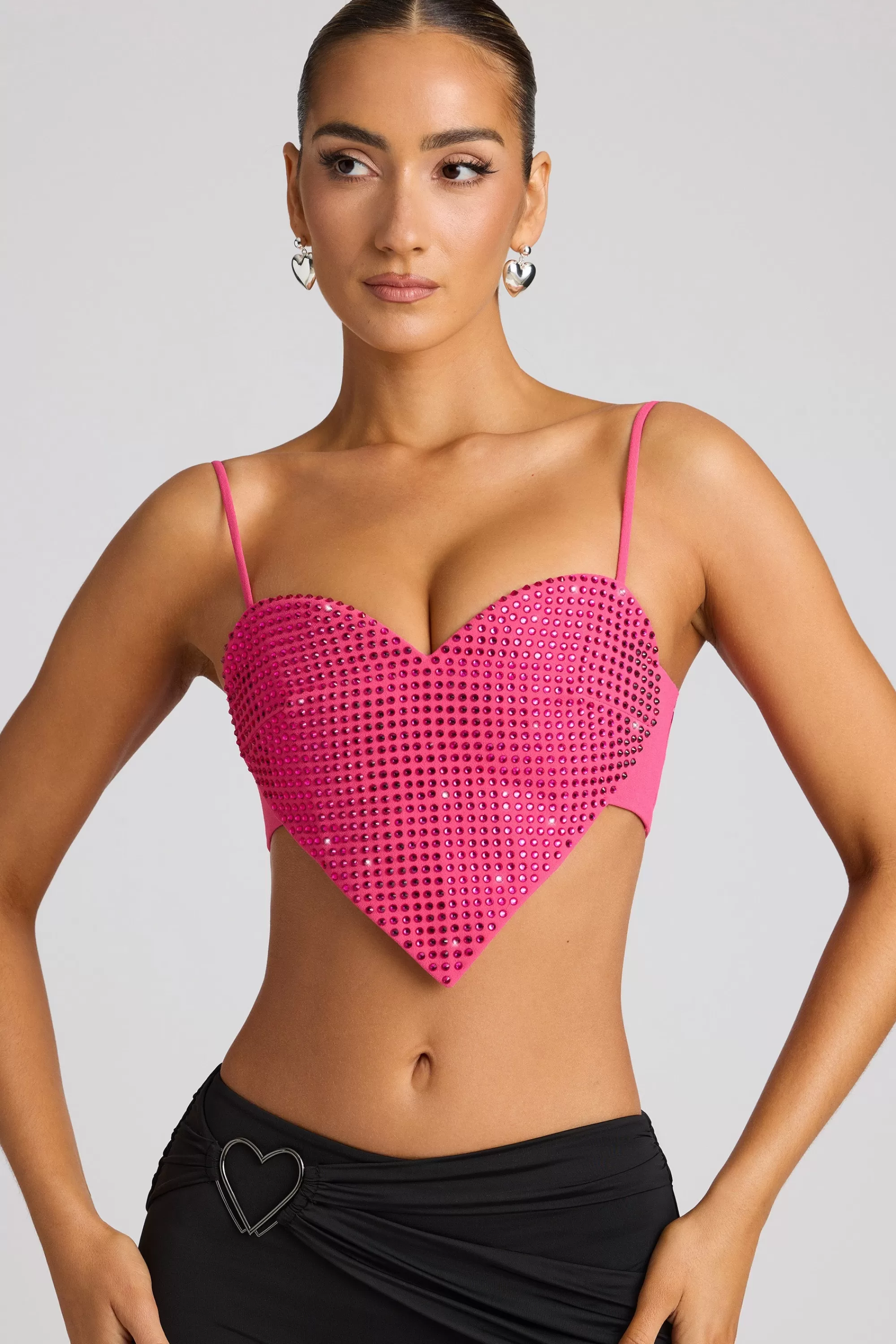 Oh Polly Embellished Heart Detail Crop Top In Magenta Store