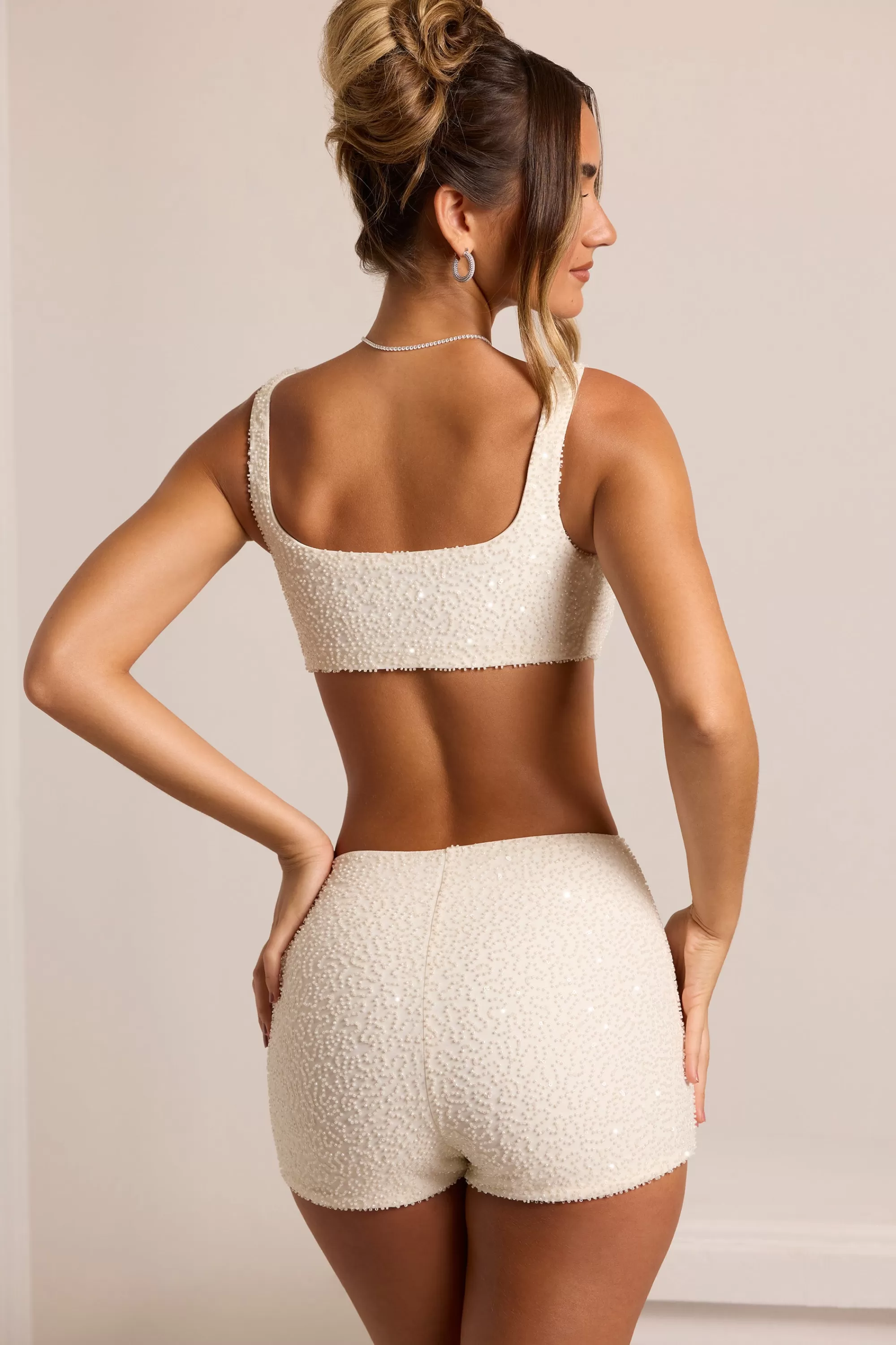 Oh Polly Embellished High Waist Hot Pant Shorts In White Discount