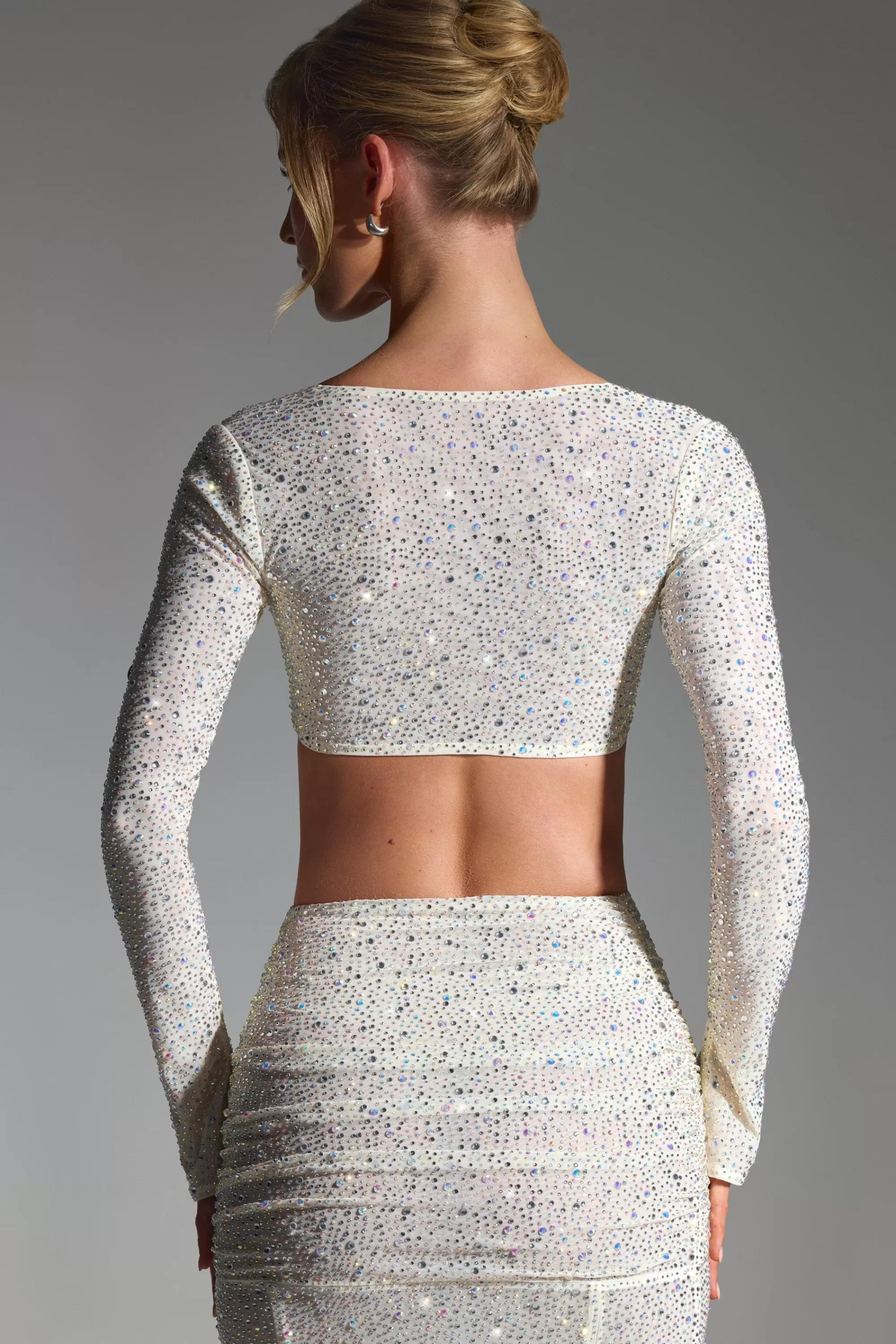 Oh Polly Embellished Long-Sleeve Crop Top In White Hot