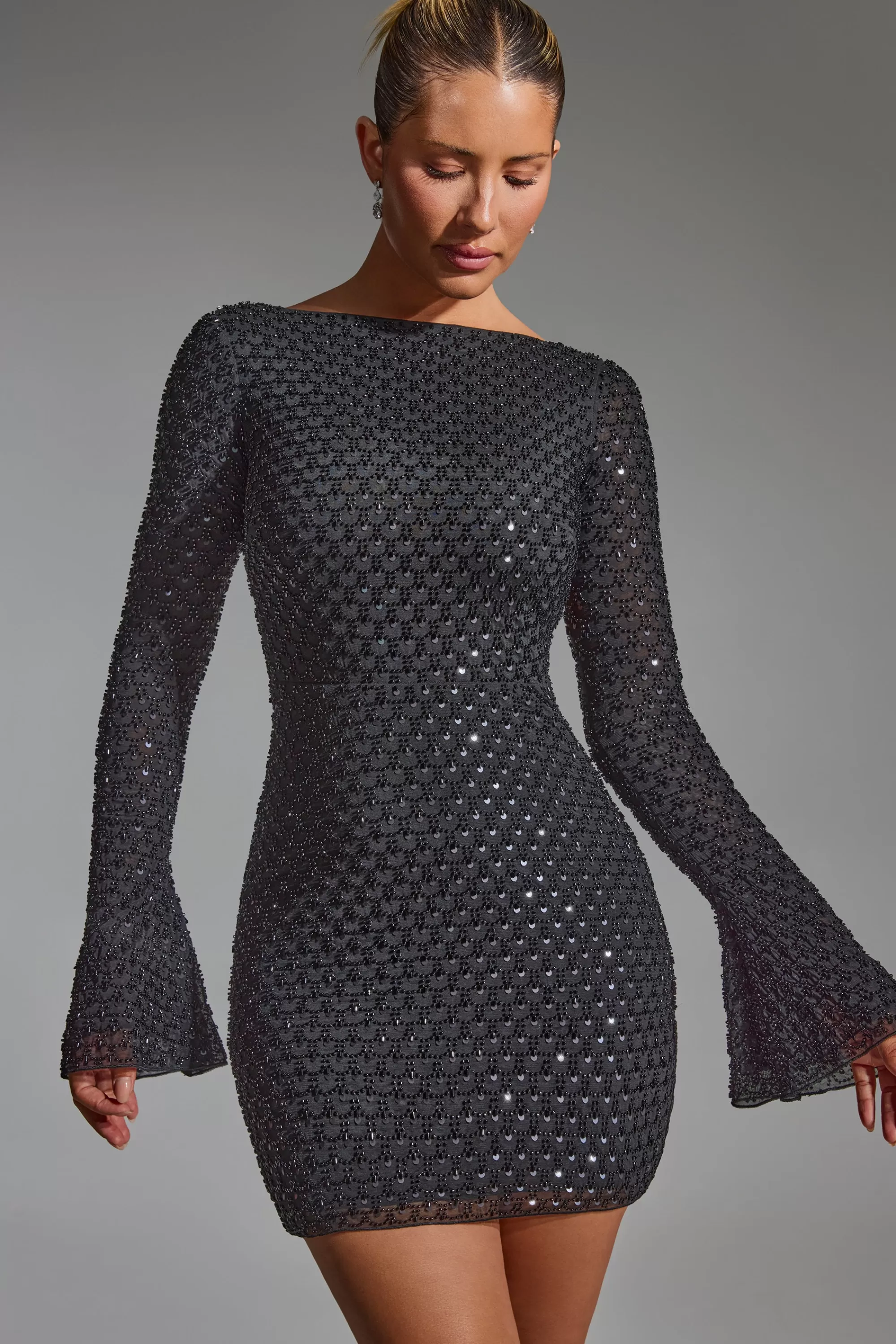 Oh Polly Embellished Open-Back A-Line Mini Dress In Black Flash Sale