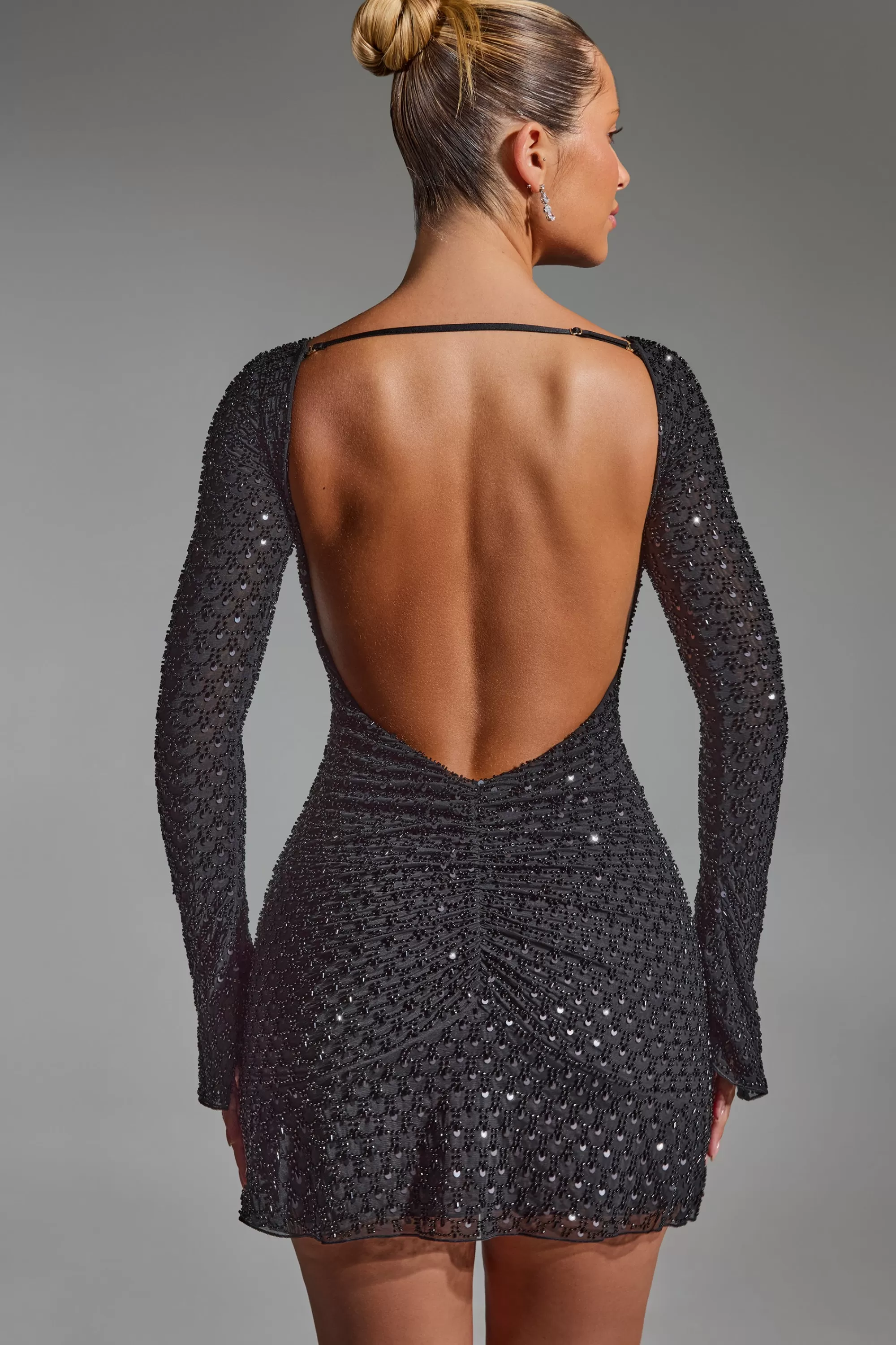 Oh Polly Embellished Open-Back A-Line Mini Dress In Black Flash Sale