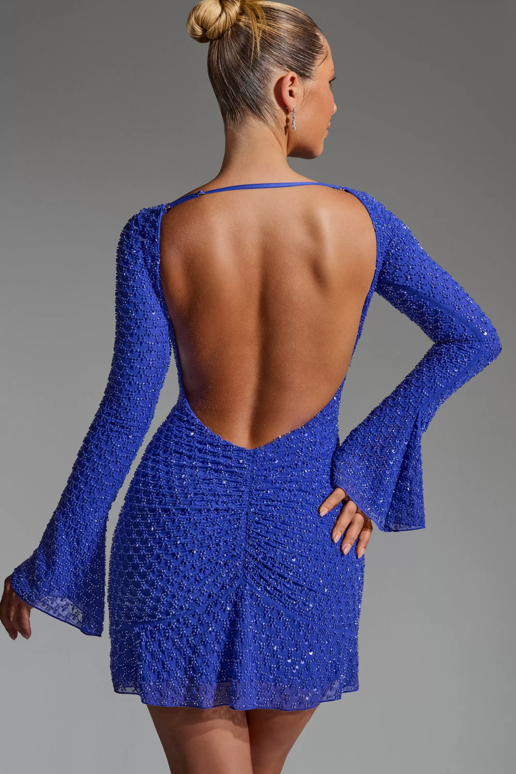 Oh Polly Embellished Open-Back A-Line Mini Dress In Cobalt Blue Flash Sale