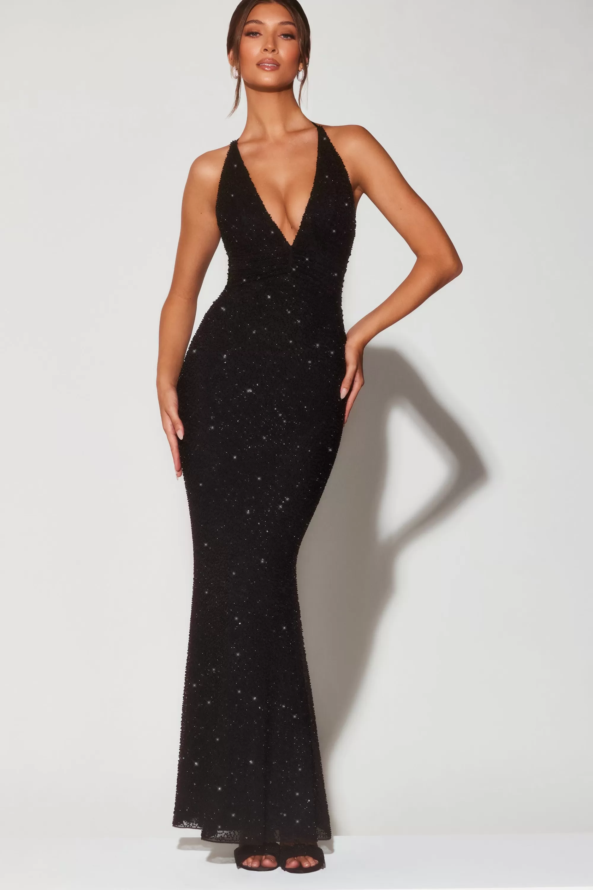 Oh Polly Embellished Plunge Halter Neck Evening Gown In Black Store