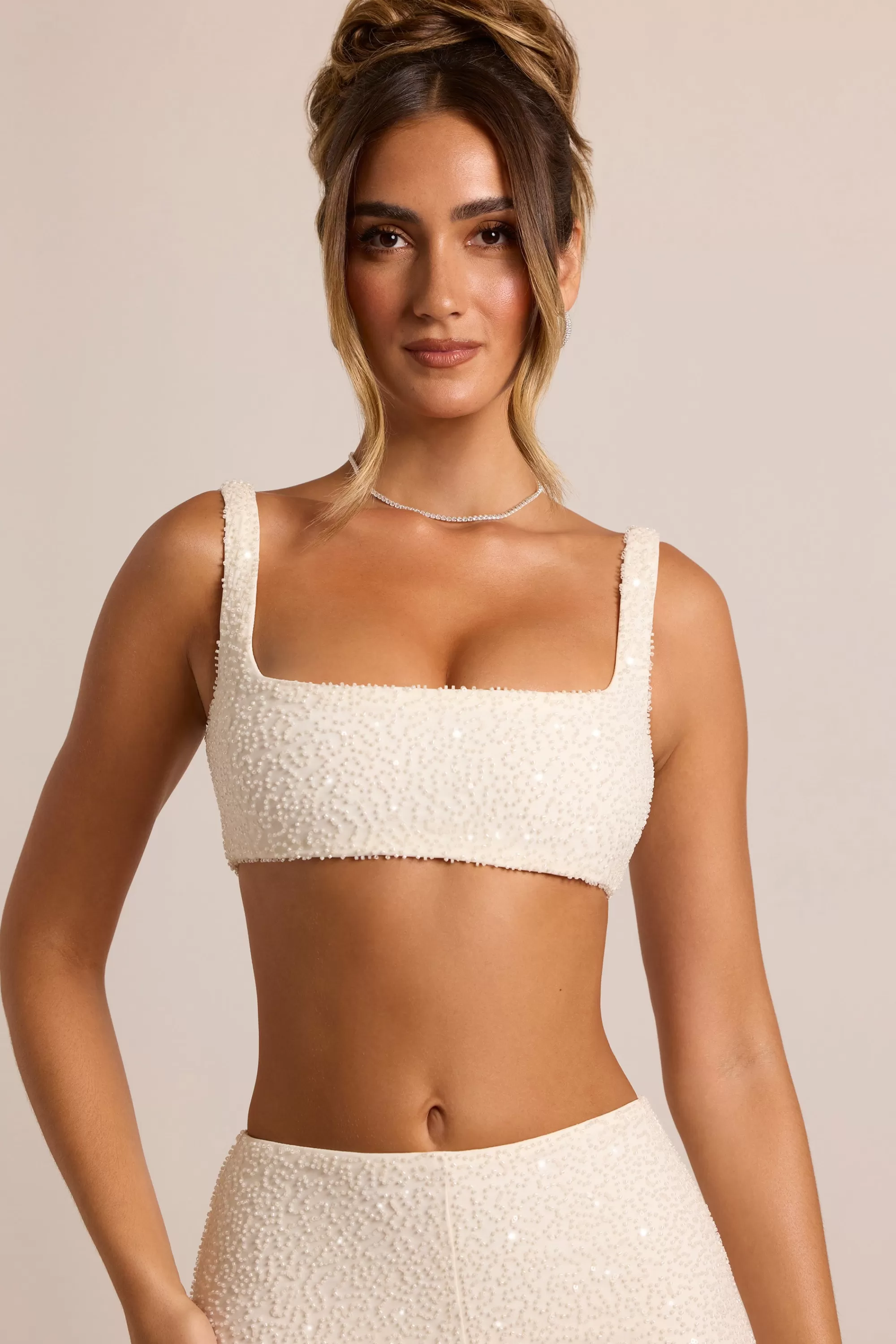 Oh Polly Embellished Square Neck Bralette In White Outlet