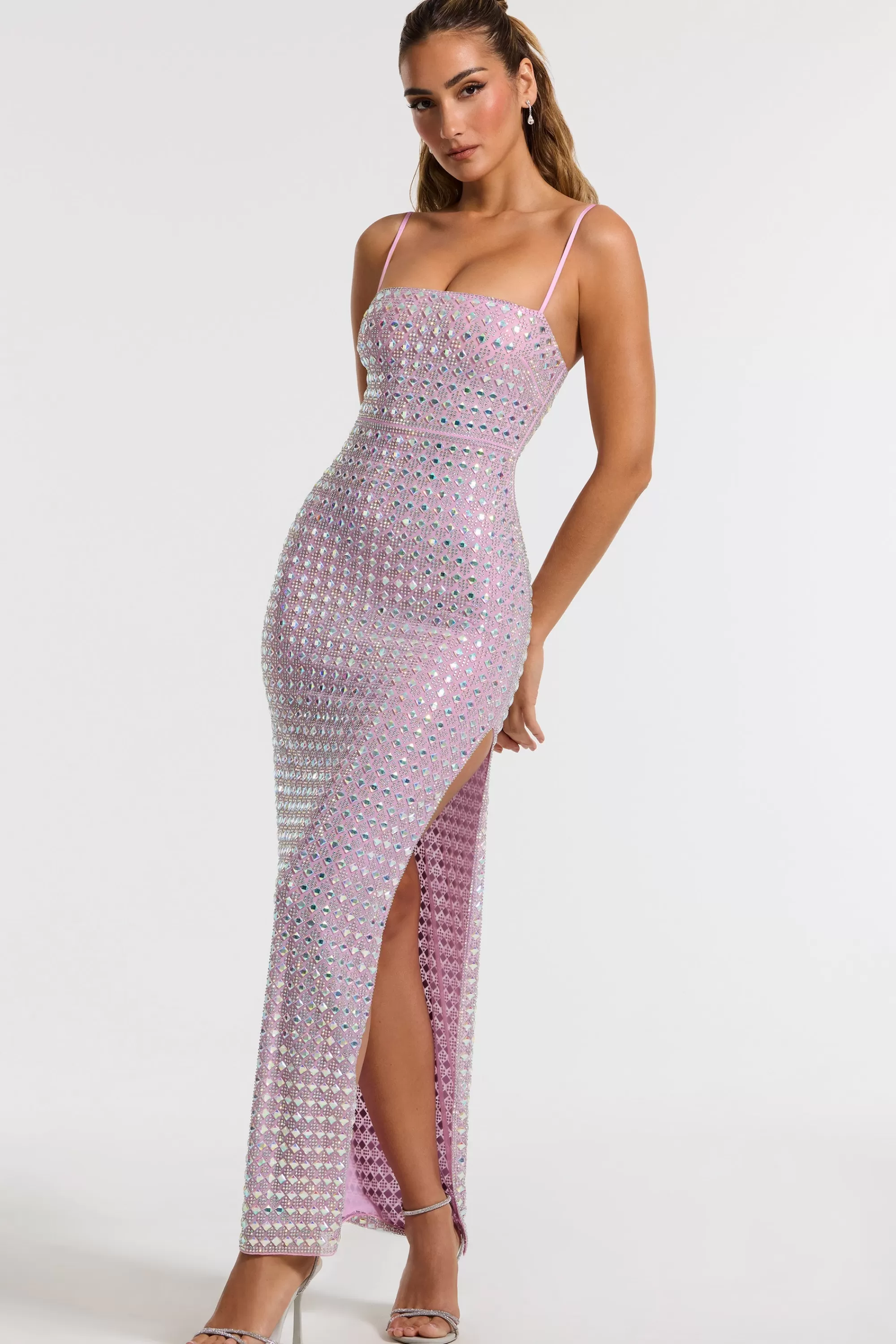 Oh Polly Embellished Square Neck Evening Gown In Lilac Clearance